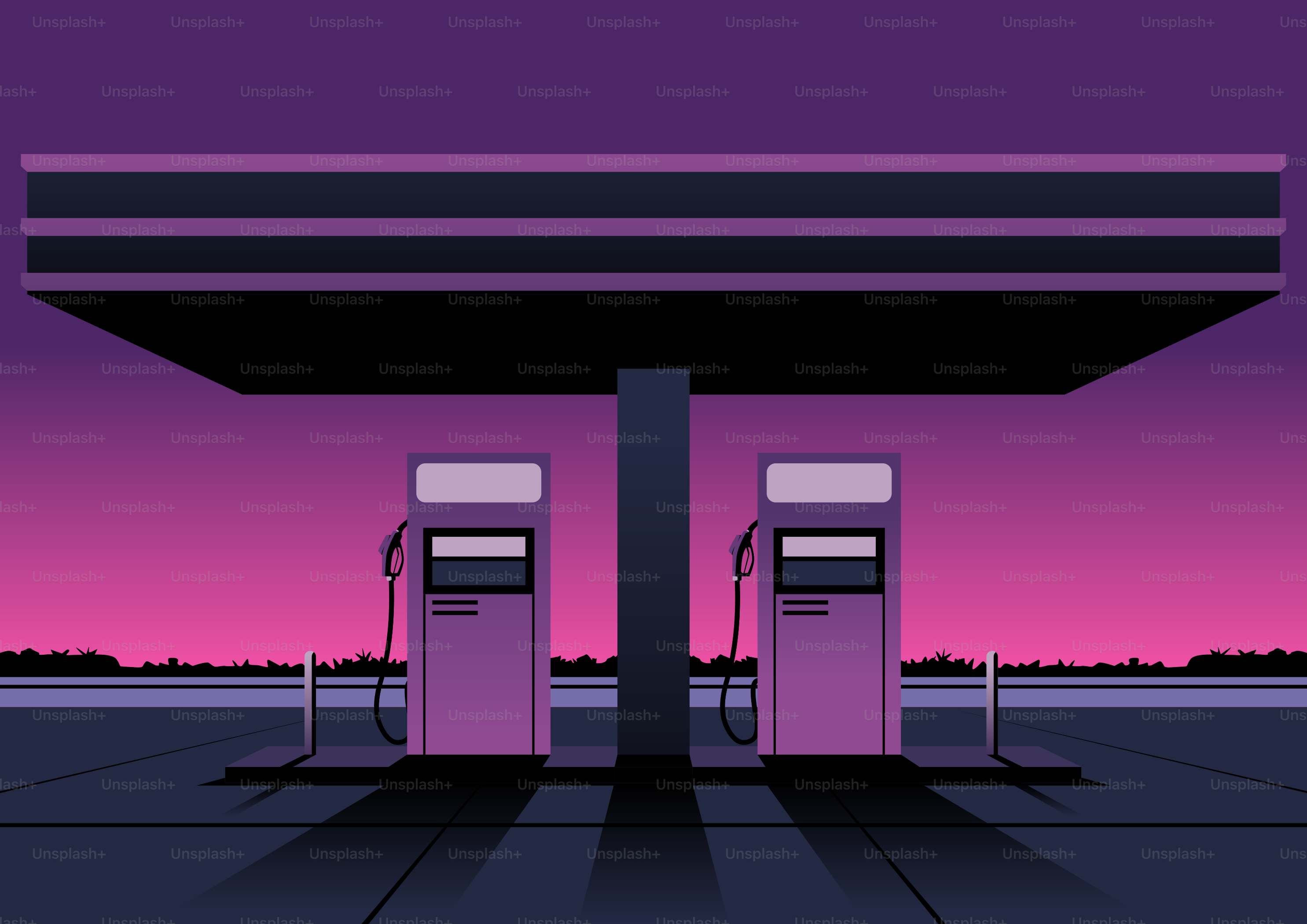 Two gas pumps under a canopy at dusk.