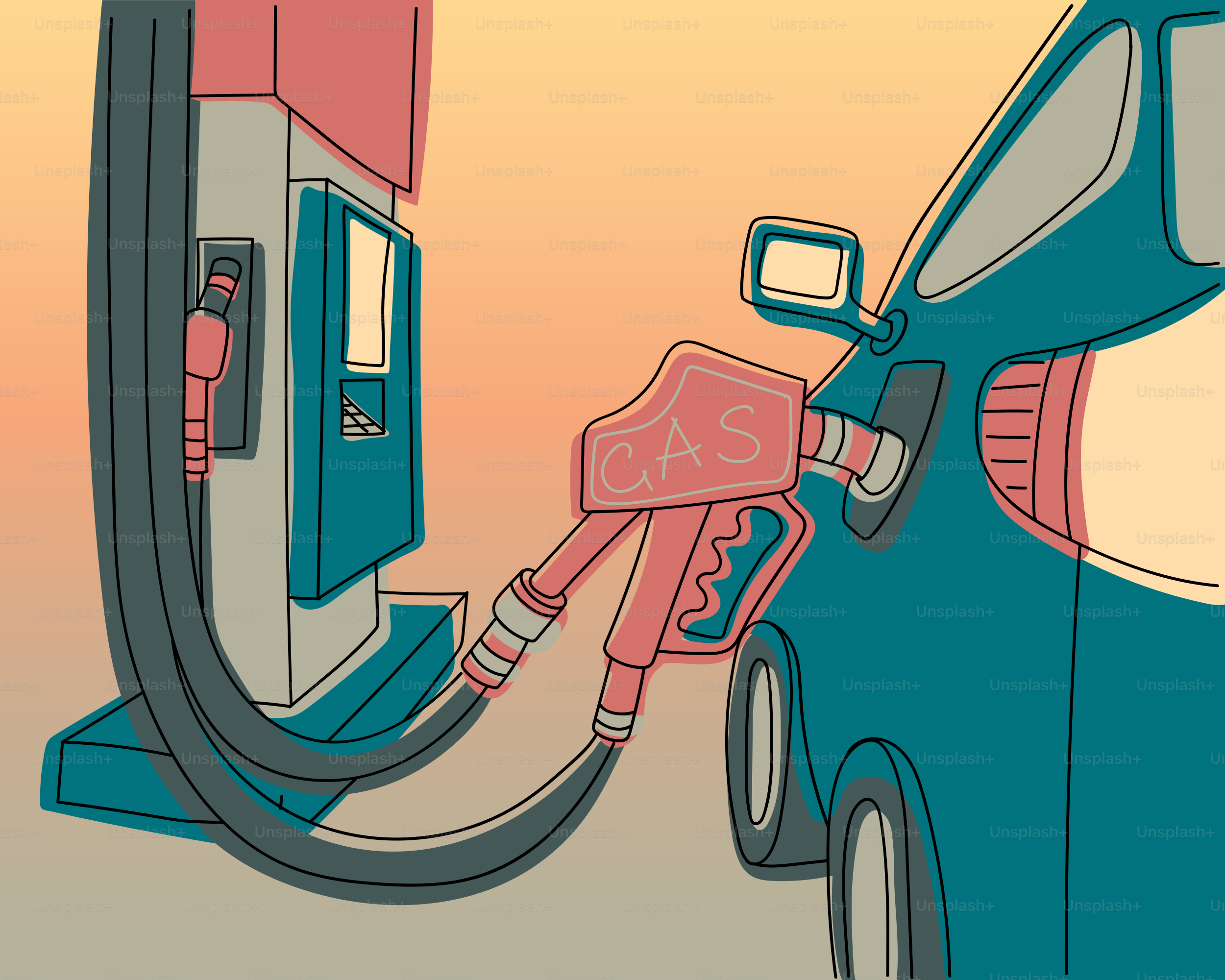 Car refueling at a gas station at sunset