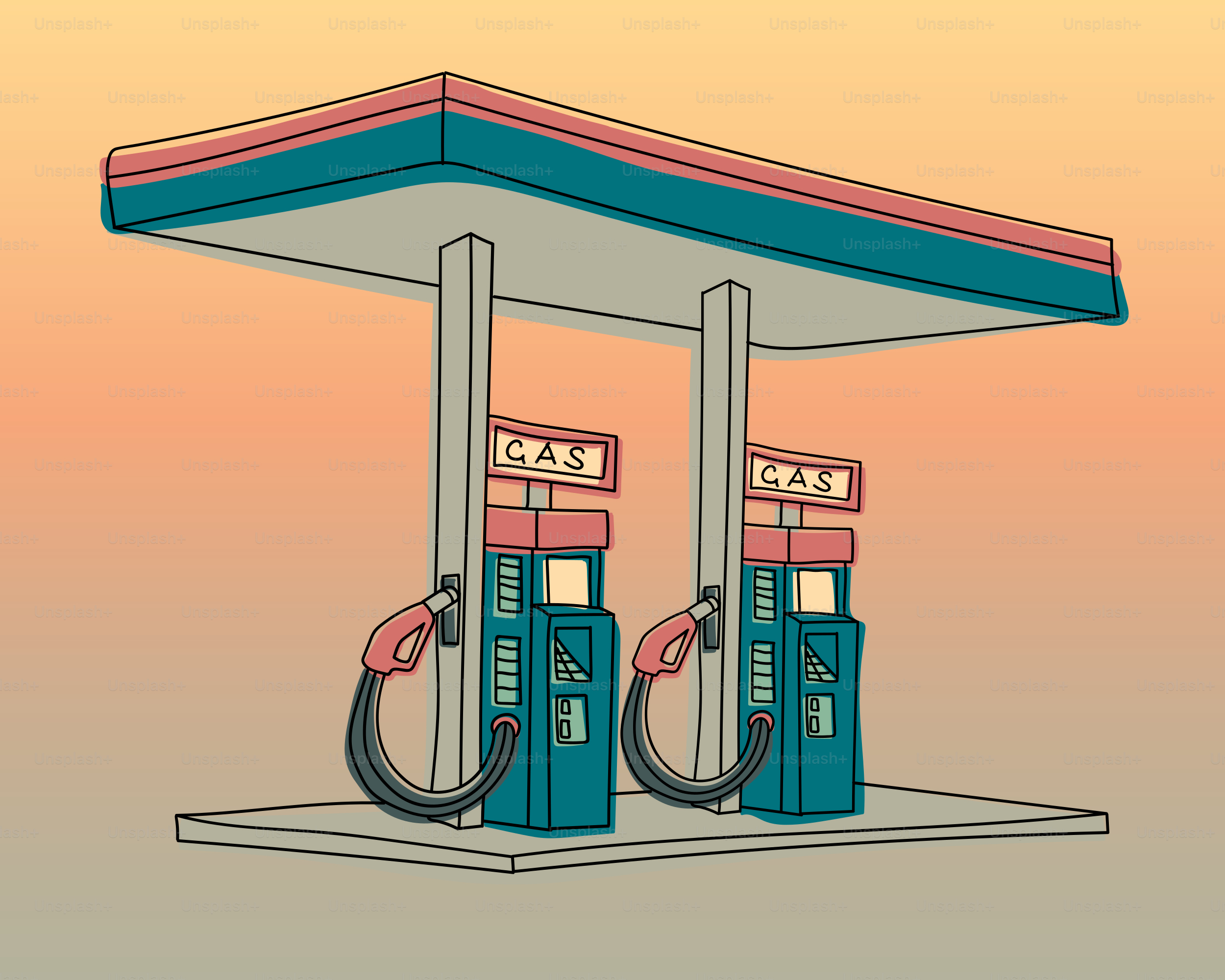 Two vintage gas pumps under a canopy
