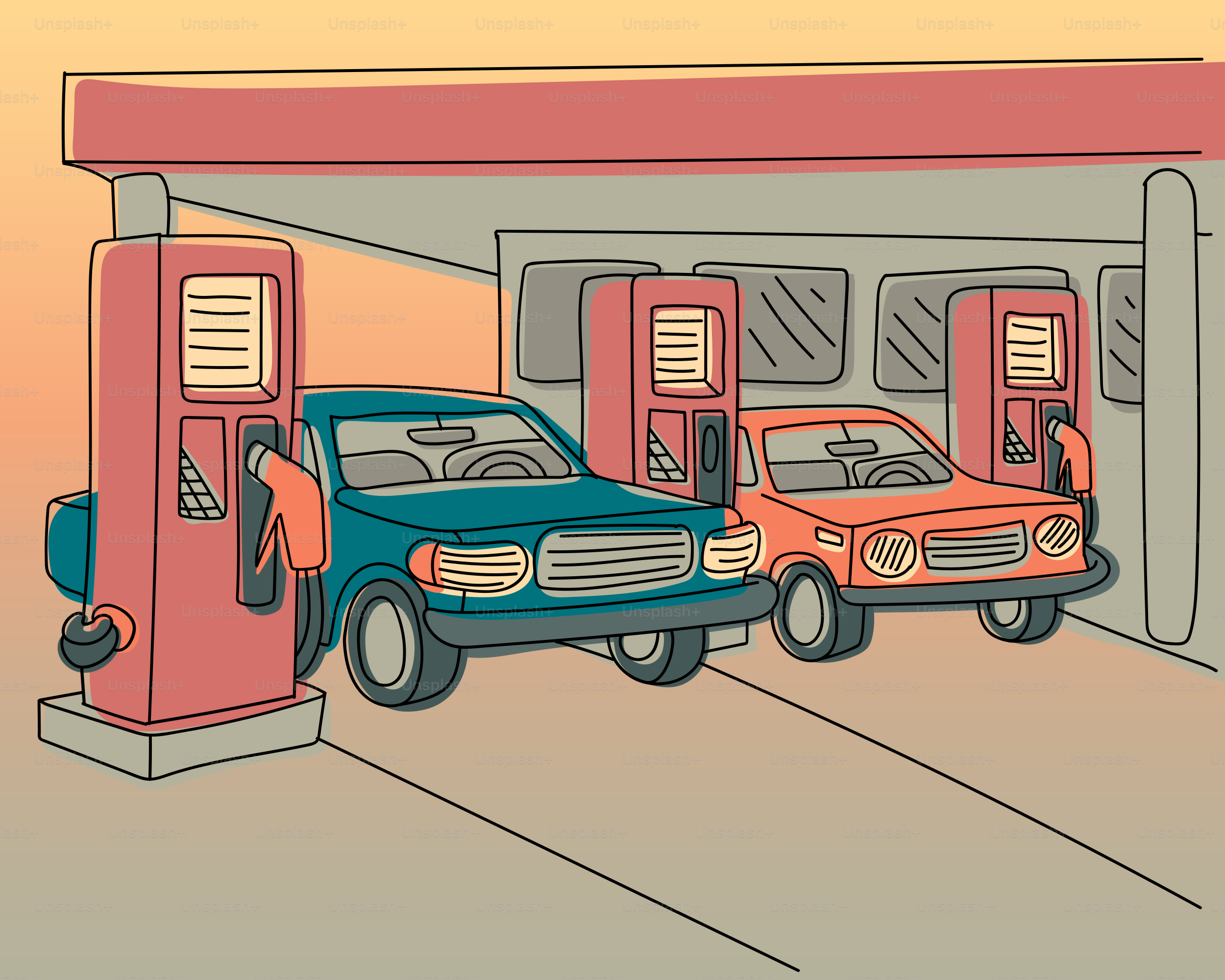 Cars at a gas station with pumps