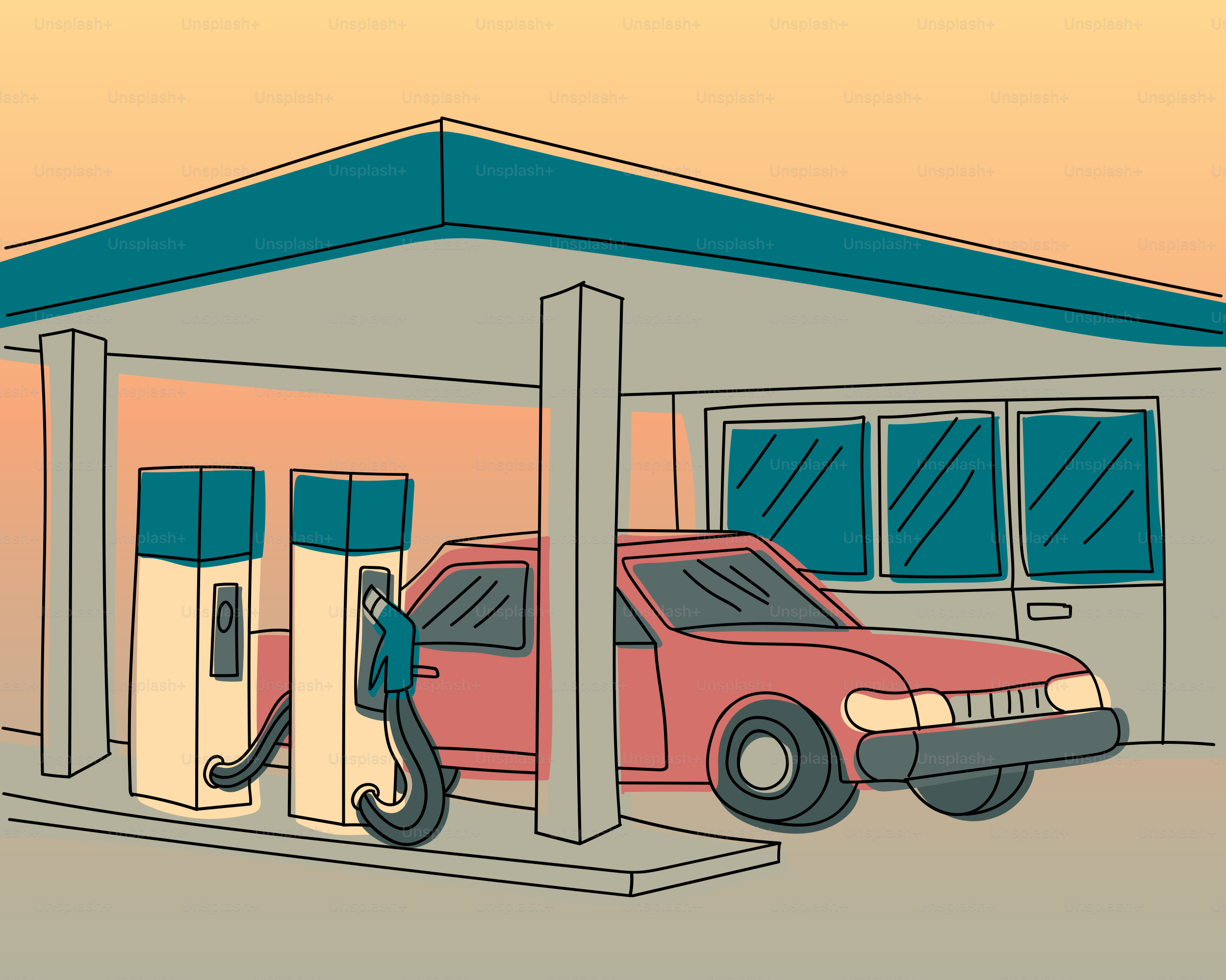 Red car at a gas station with pumps