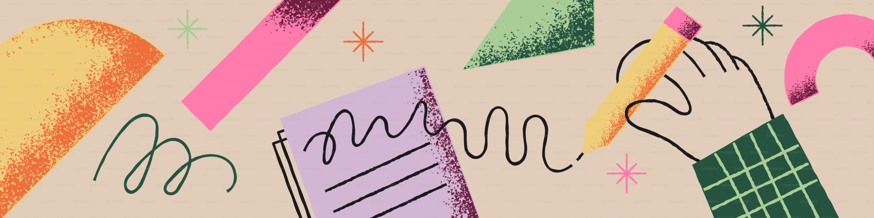 Desenho à mão com formas abstratas coloridas e rabiscos