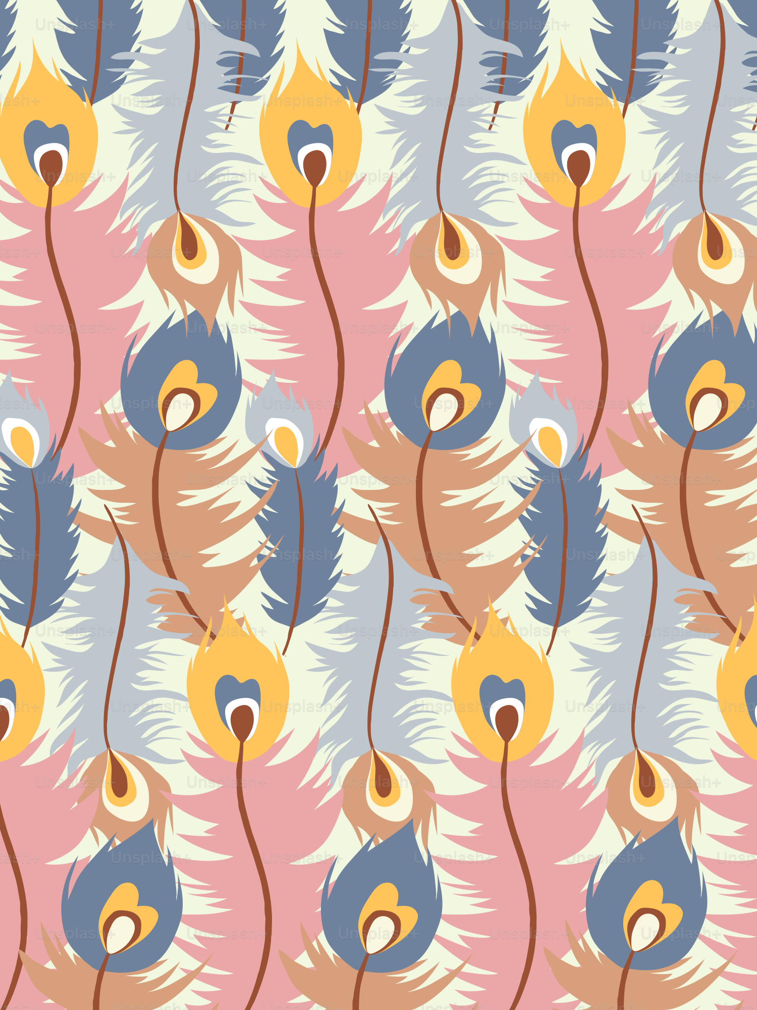 A repeating pattern of colorful peacock feathers