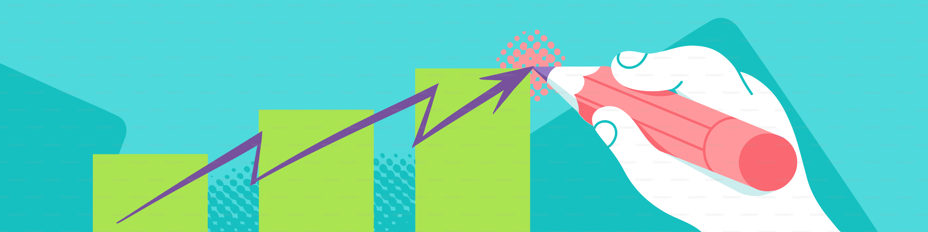 Handzeichnung eines nach oben trendenden Balkendiagramms mit Pfeil.