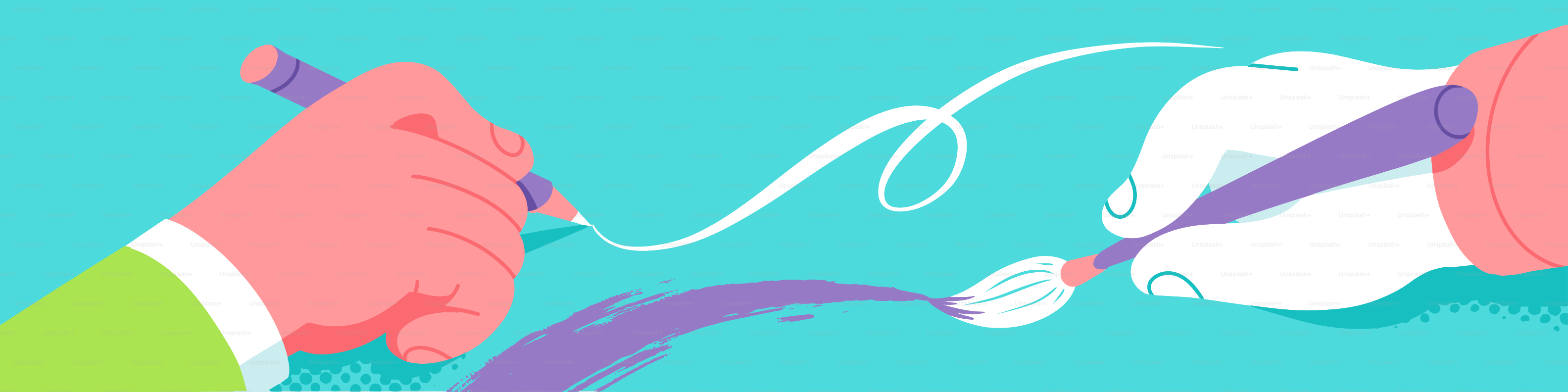 Zwei Hände zeichnen und malen zusammen auf türkisfarbenem Hintergrund