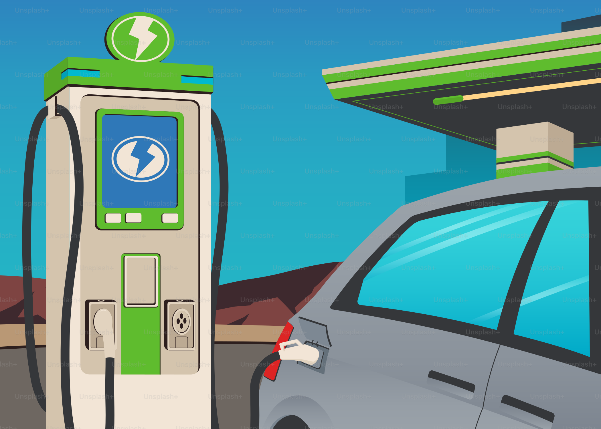 Recharge de voiture électrique à une station.