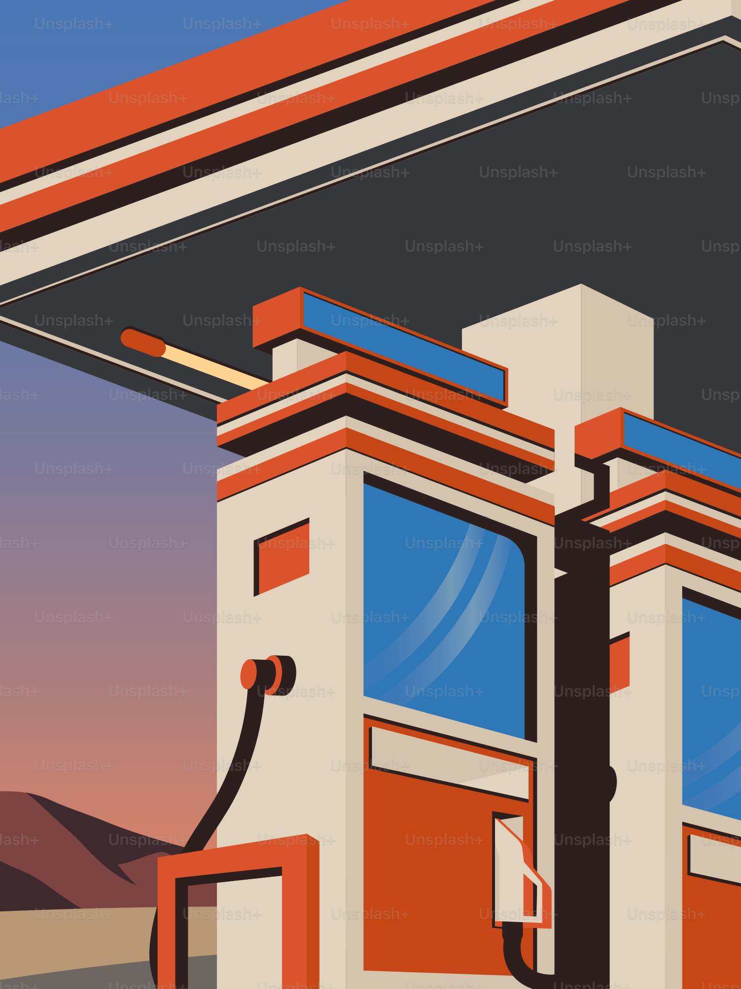 Retro gas station with colorful pumps at sunset