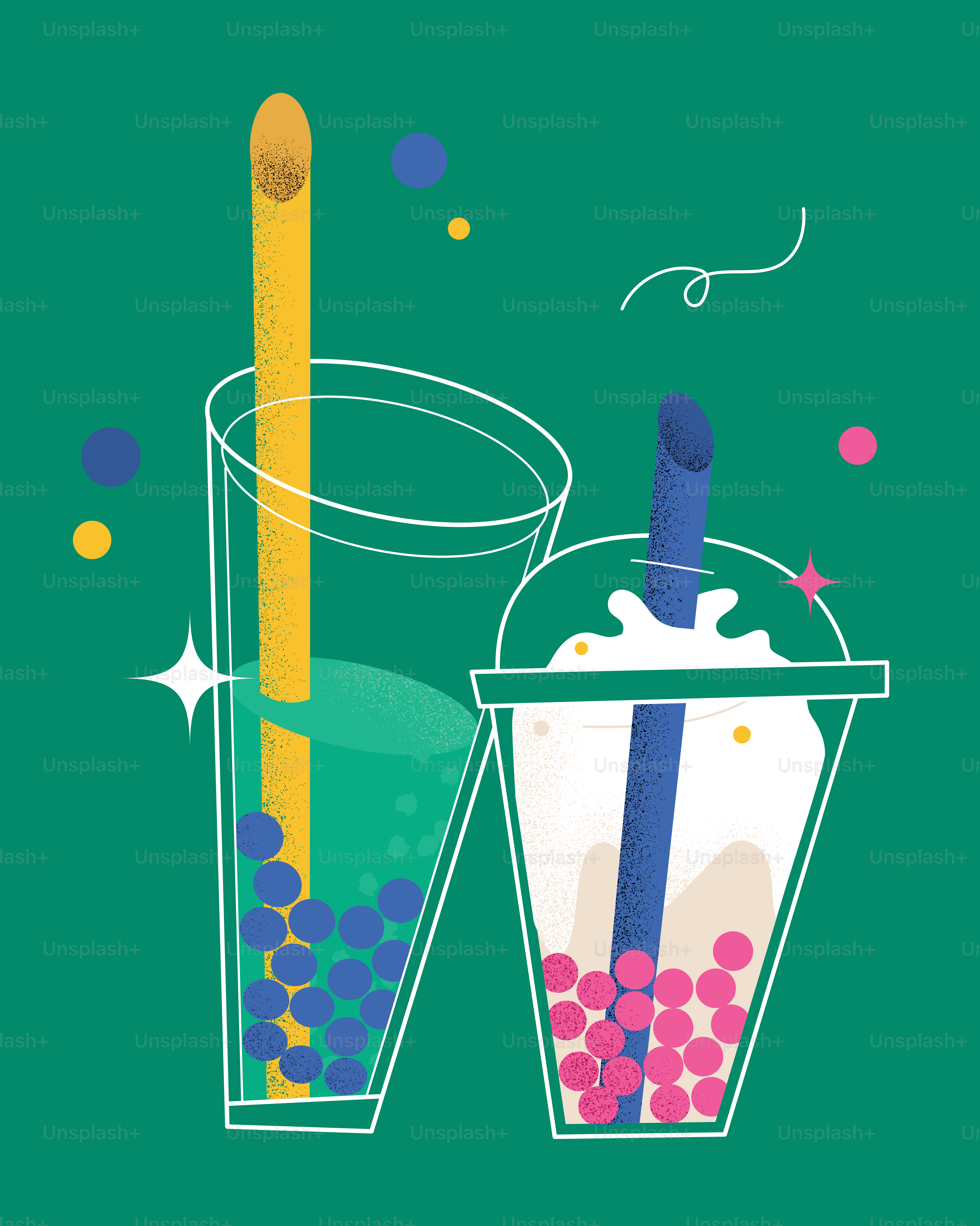 Two colorful bubble tea drinks with straws.