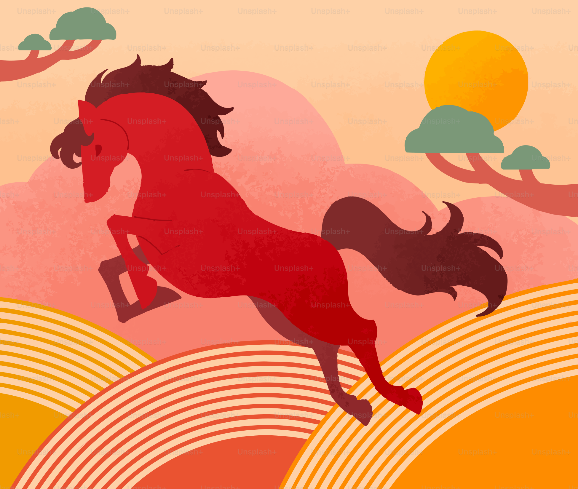 A red horse leaps across a colorful landscape.