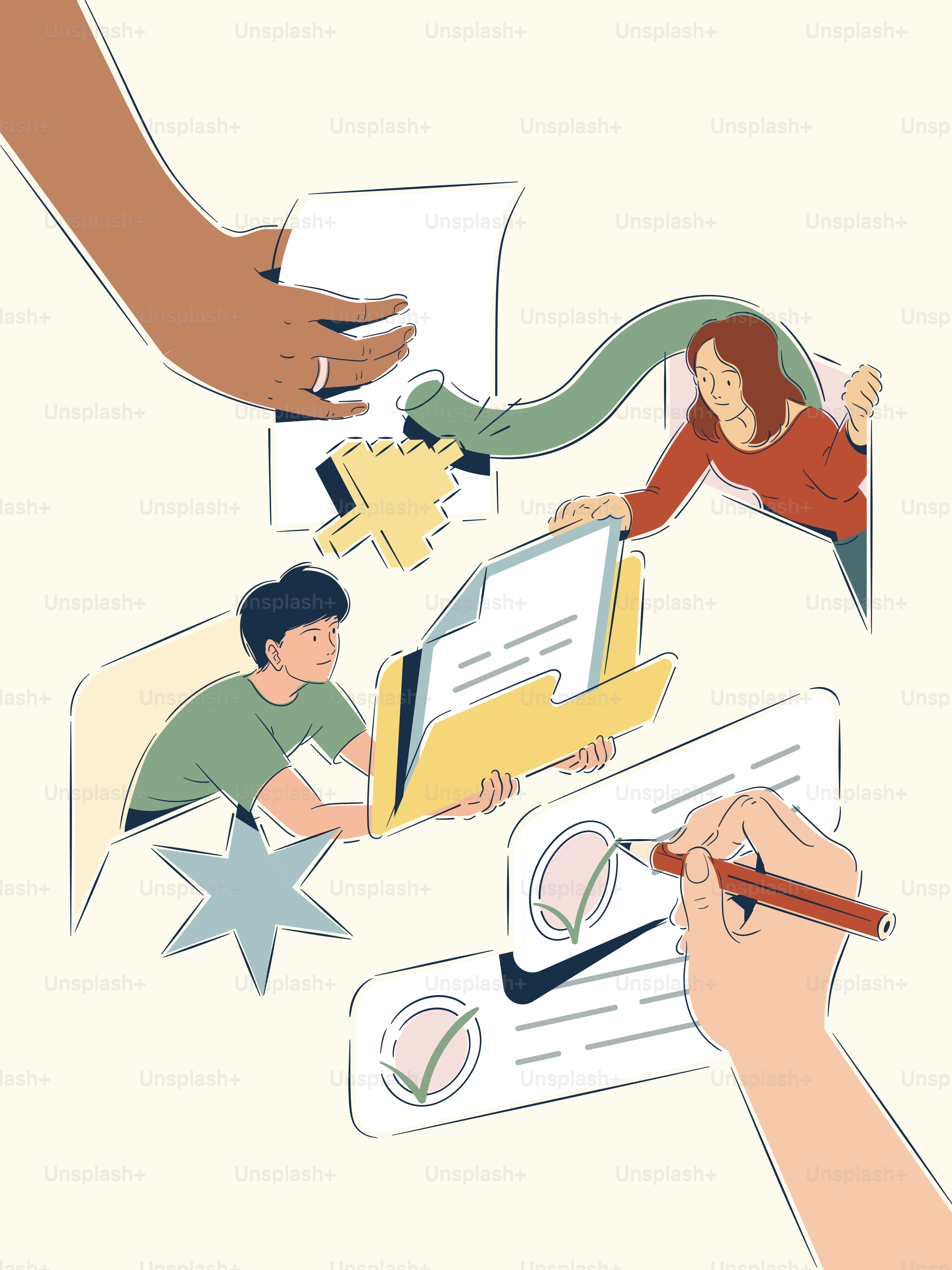 Personas colaborando en documentos y tareas