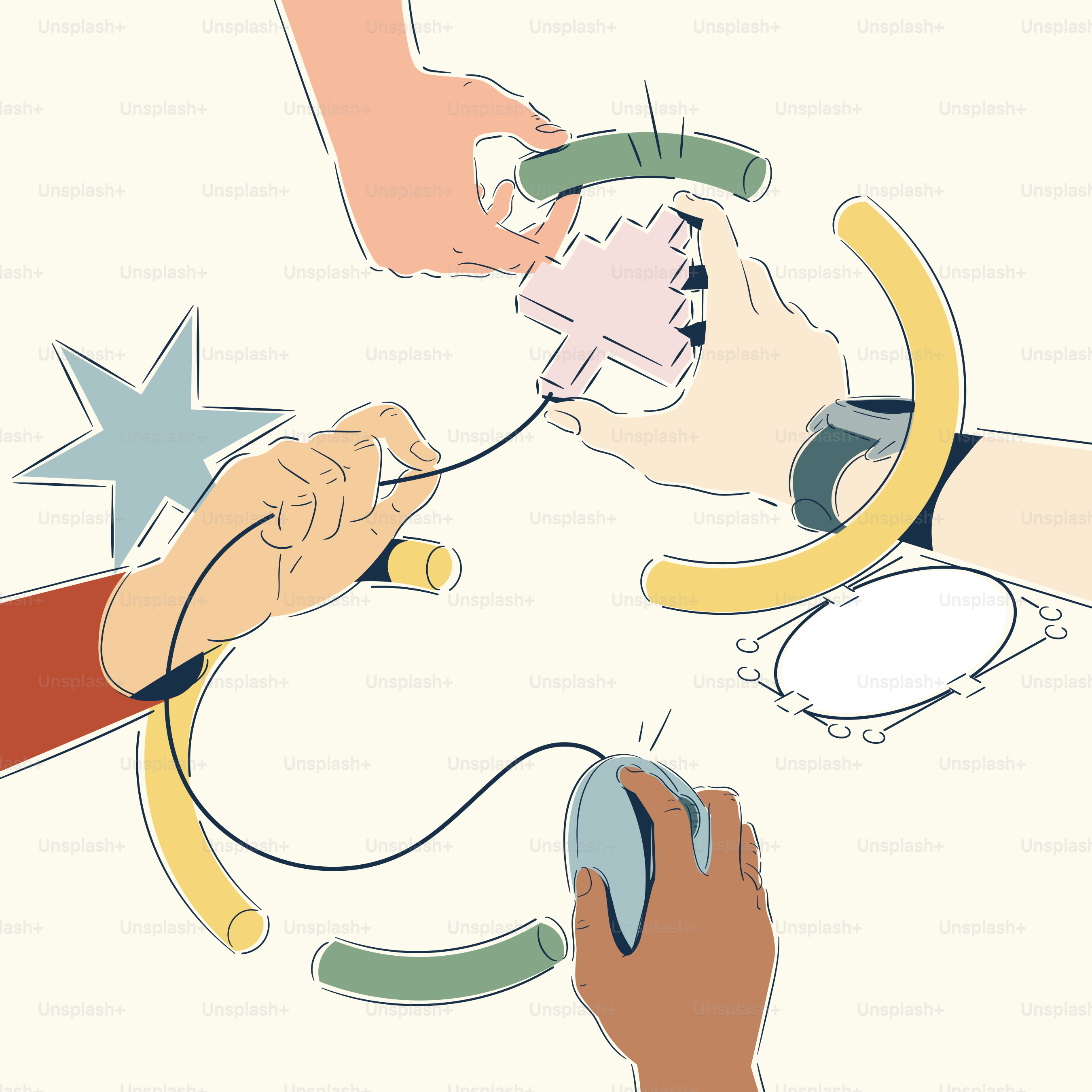 Hands connecting puzzle pieces and using a computer mouse.