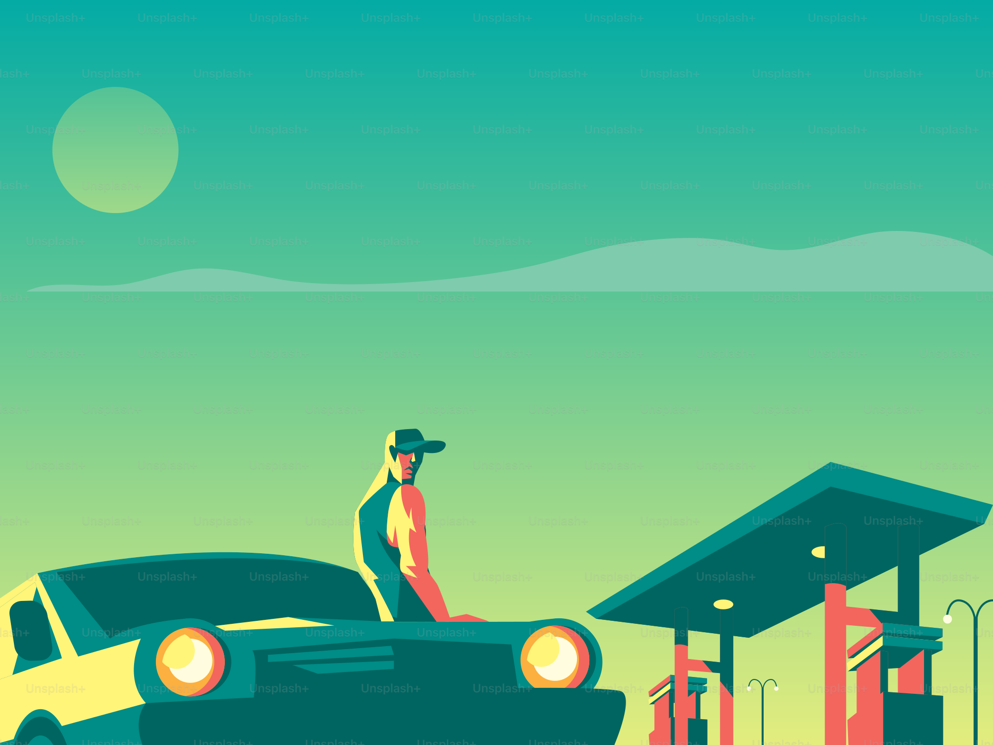 Man leaning on car hood at gas station.