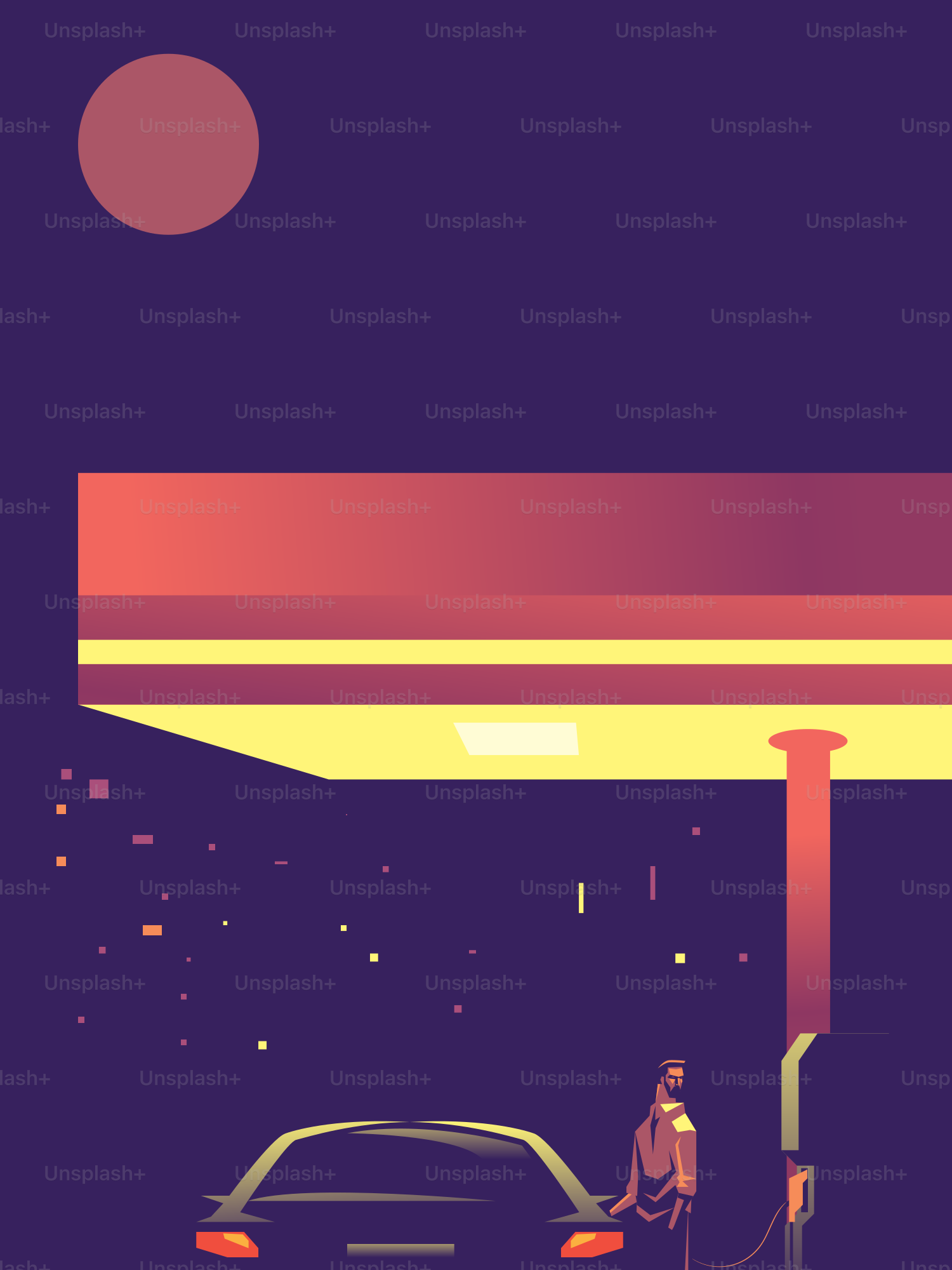 Homme rechargeant une voiture électrique à la station-service la nuit