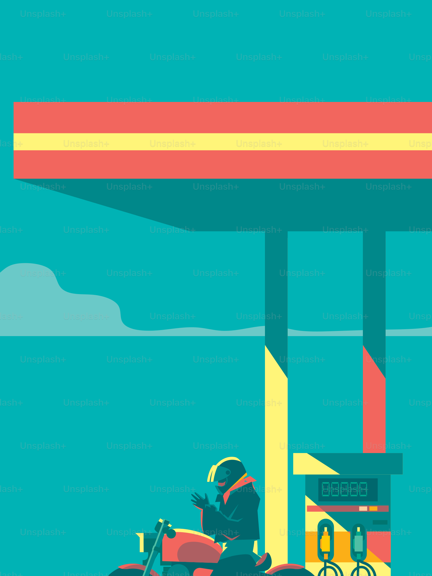 Motorcyclist at a colorful gas station