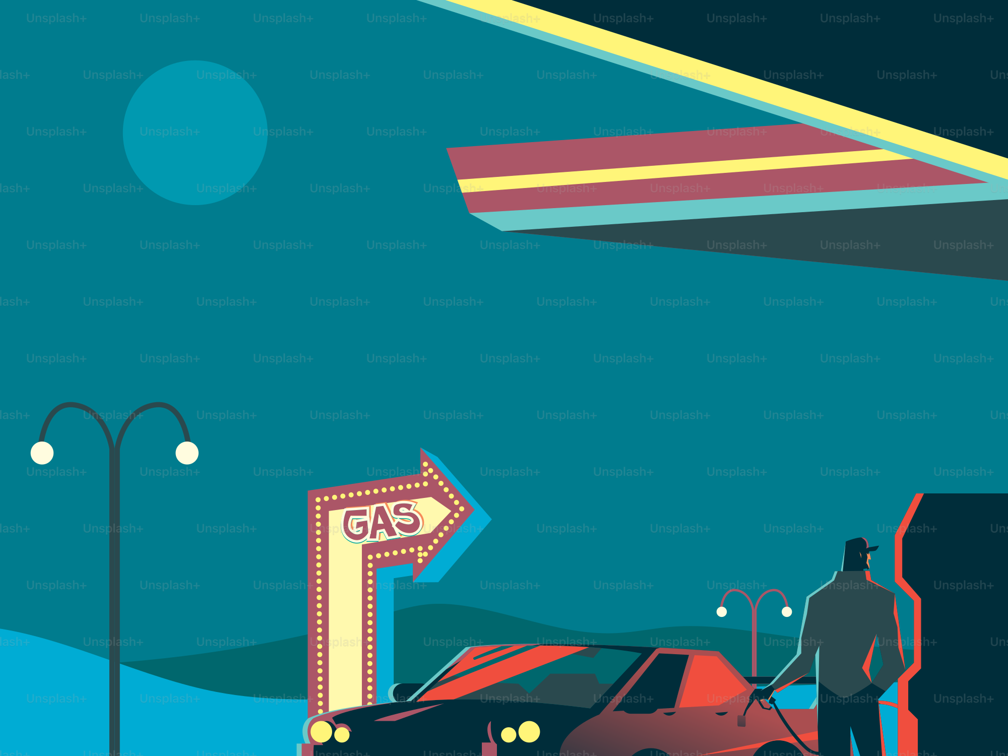 Man refueling car at retro gas station at night