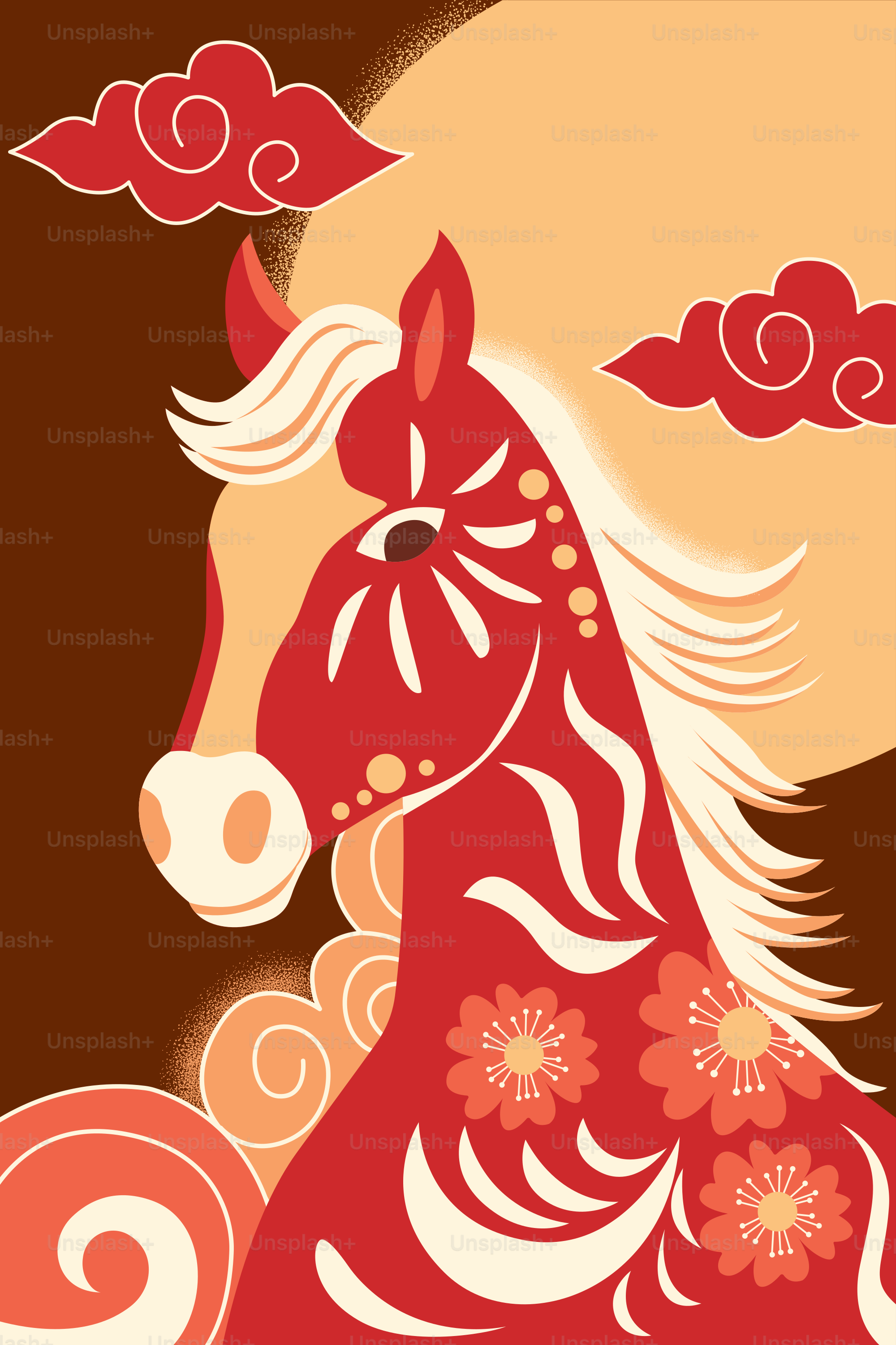 Stylized red horse with floral patterns and clouds