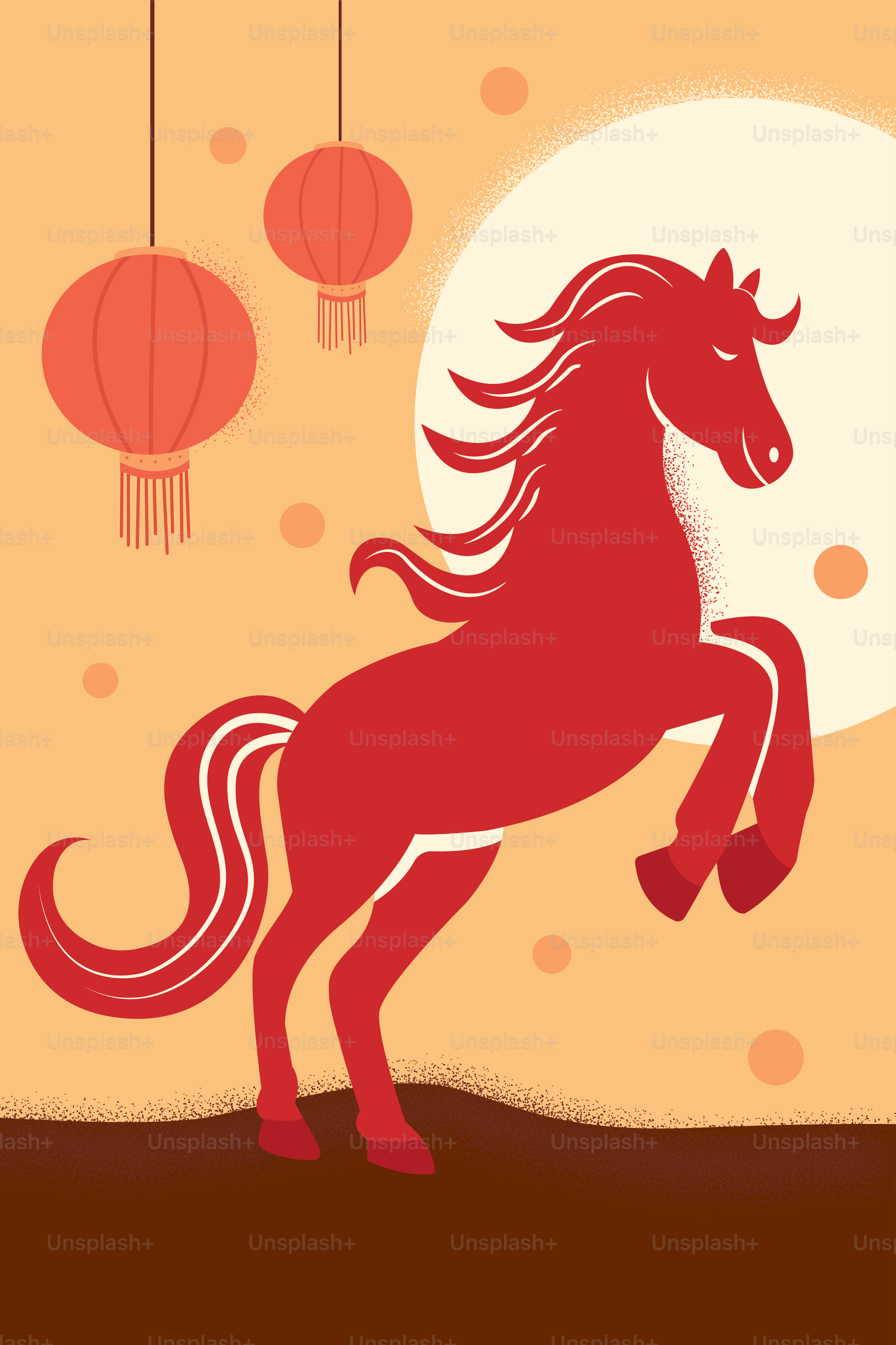 A red horse rearing up with lanterns and moon.