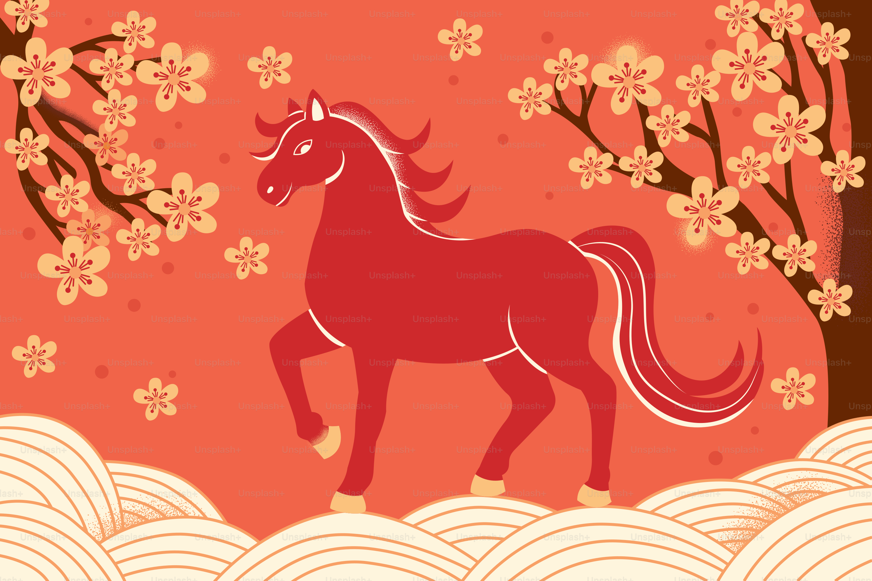 Red horse with cherry blossoms and stylized waves
