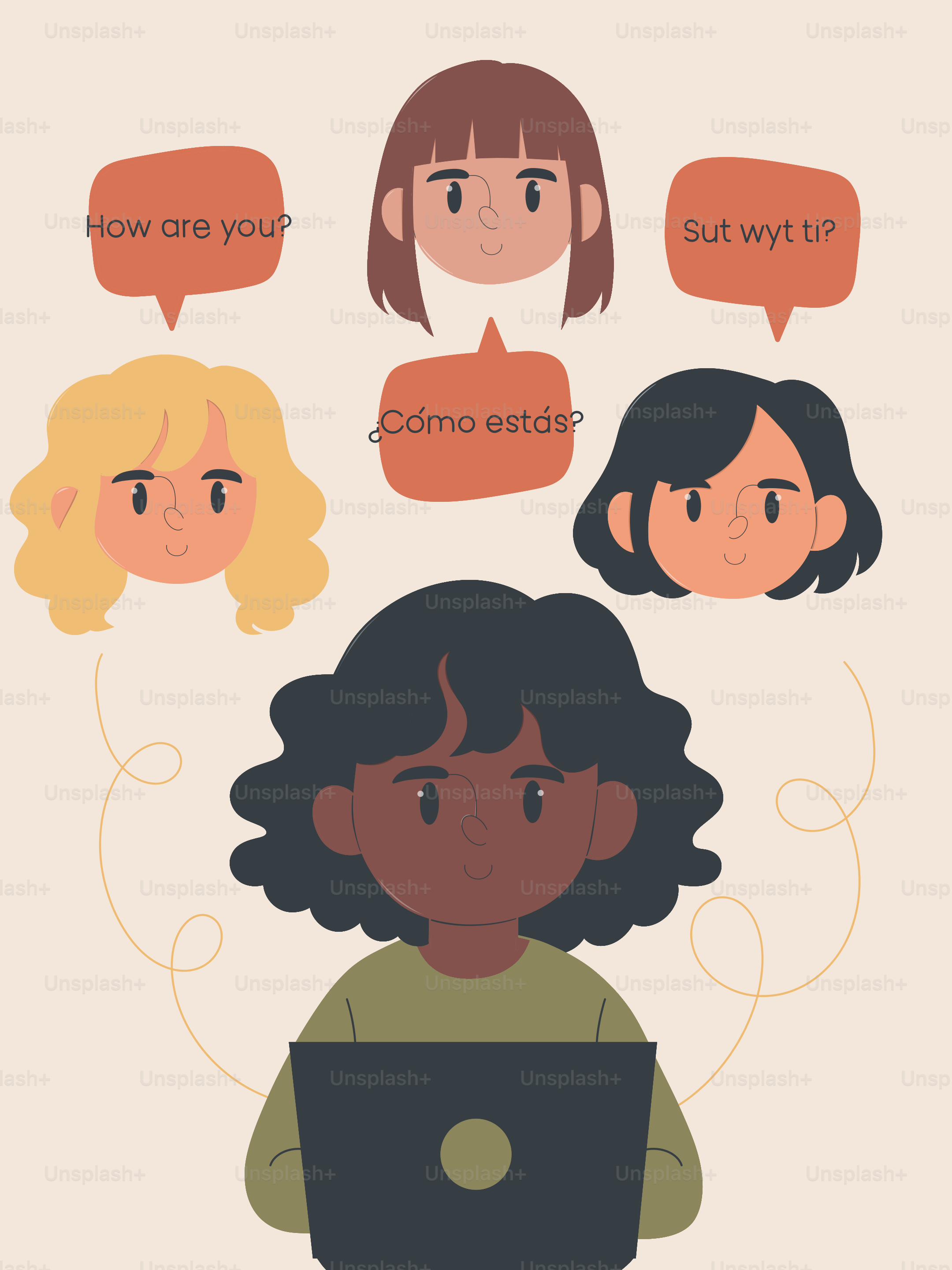 Verschiedene Menschen kommunizieren online in verschiedenen Sprachen.