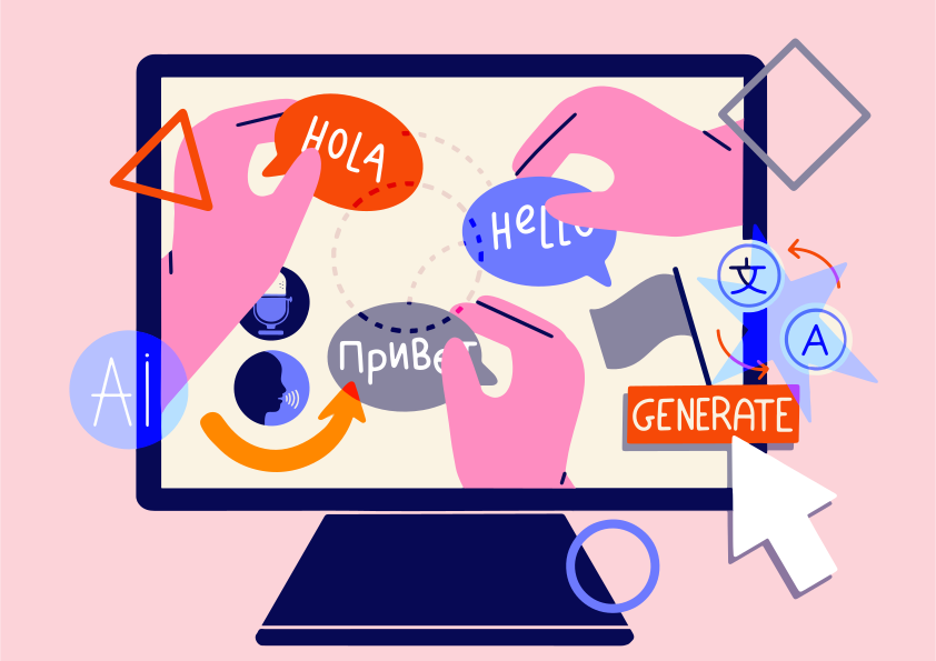 Hands arranging language bubbles on computer screen