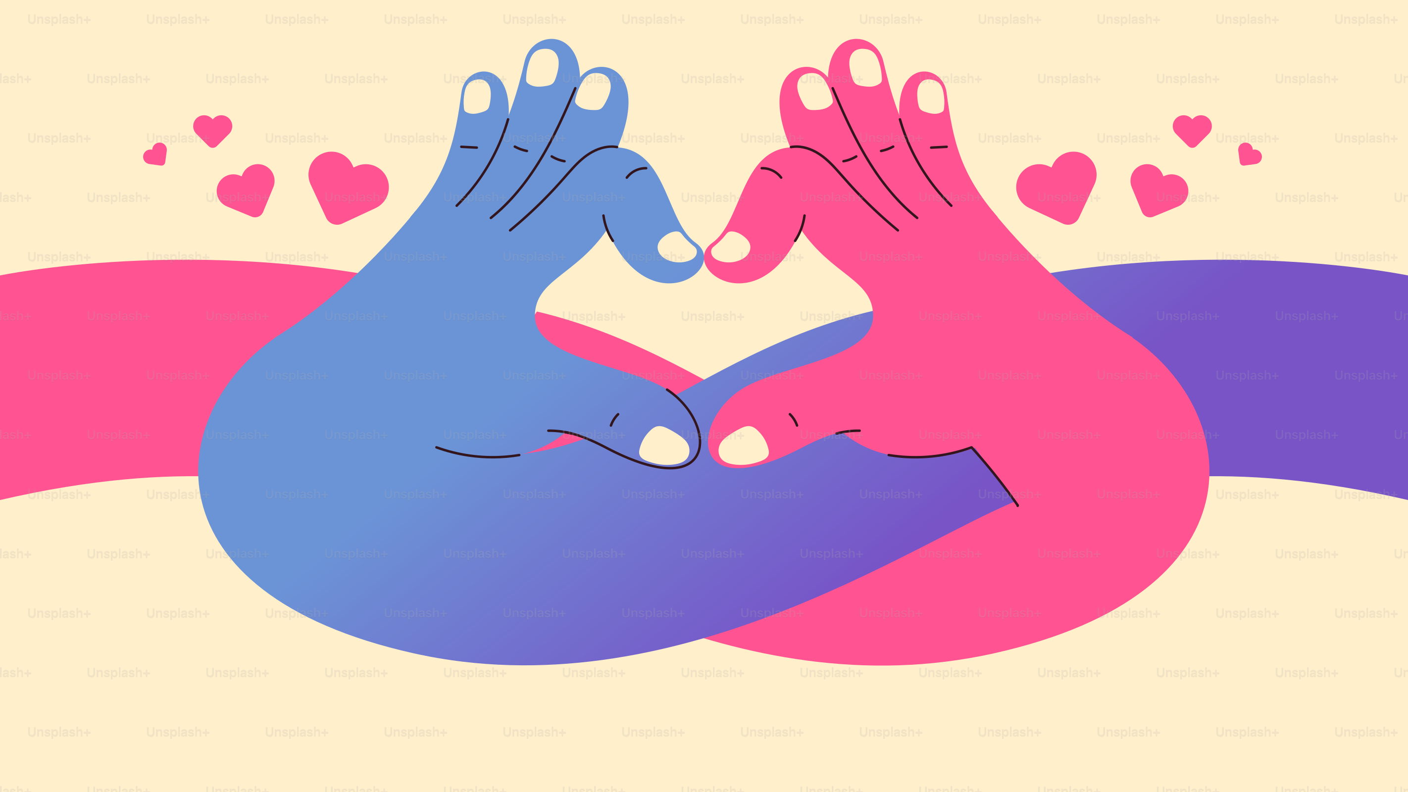 Two hands forming a heart shape with hearts around them.