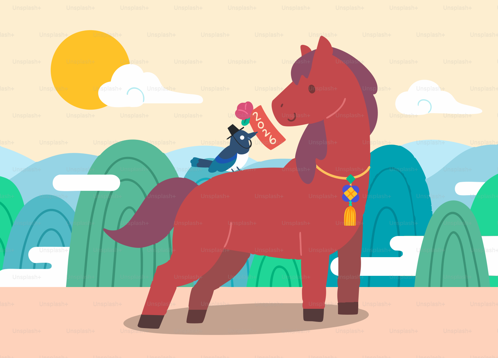 Un cheval rouge avec un oiseau sur le dos.