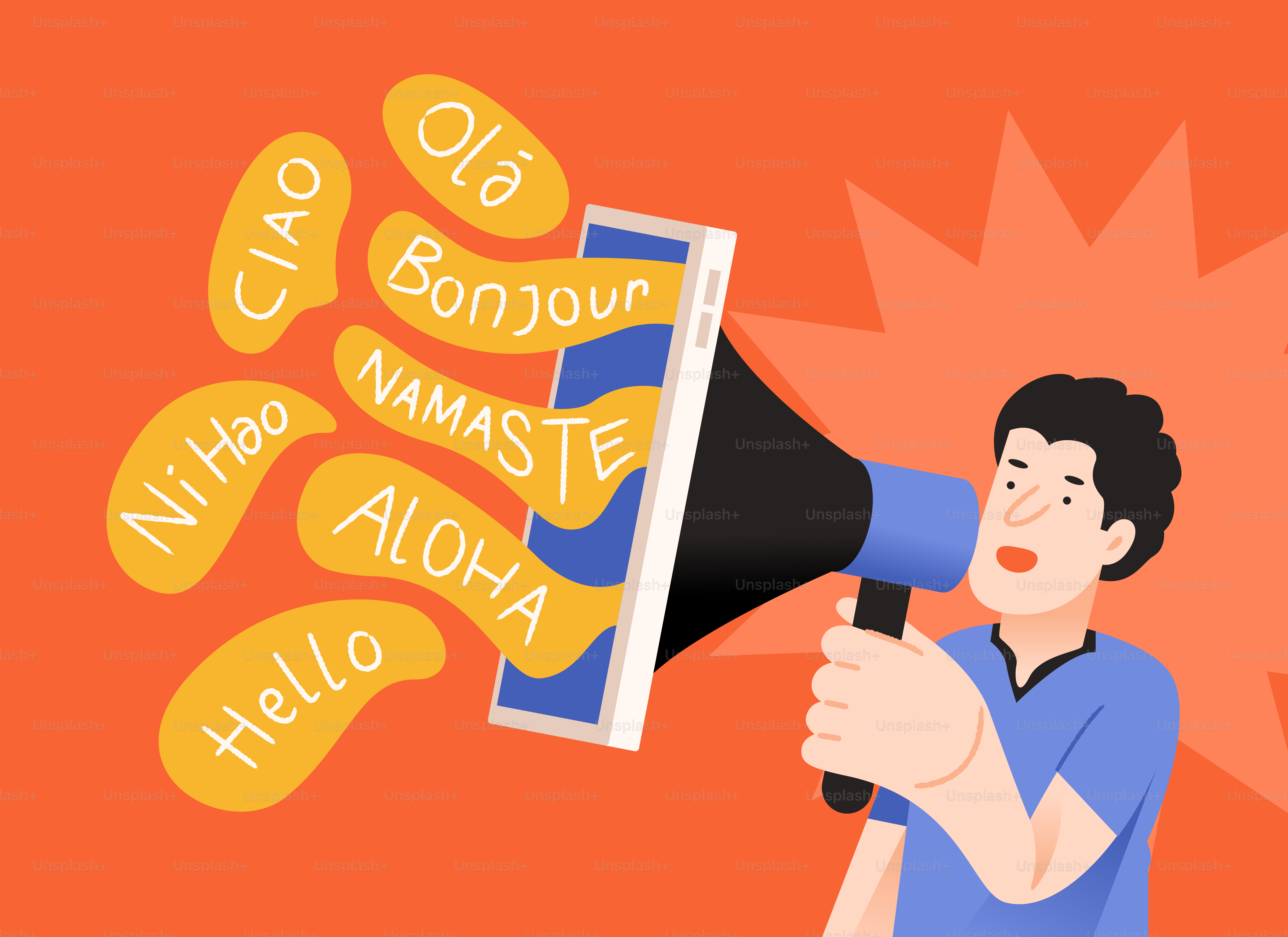 Mann spricht Begrüßungen in mehreren Sprachen vom Telefon aus.