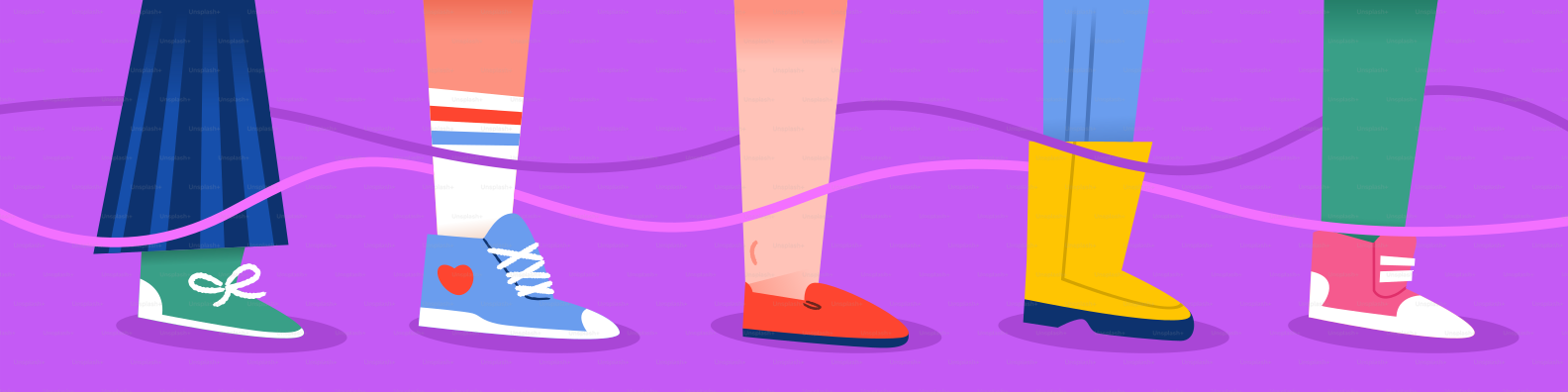 Five pairs of colorful shoes on a purple background
