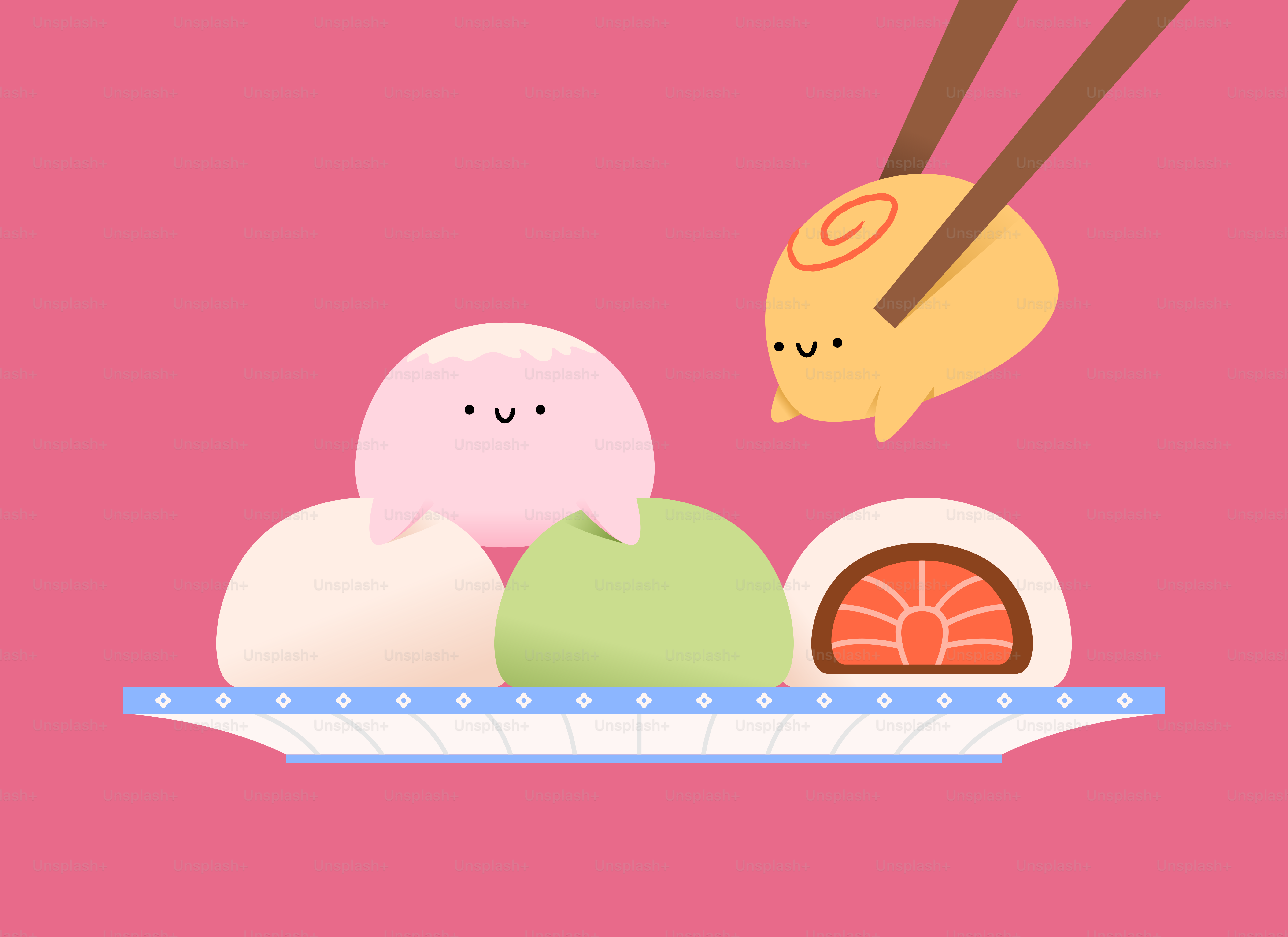 Essstäbchen, die einen süßen Mochi vom Teller aufheben.