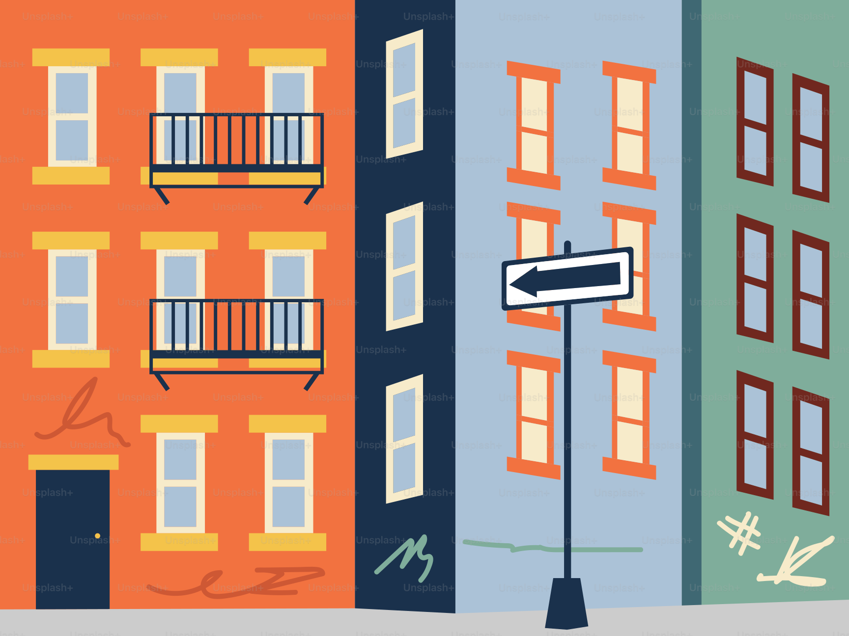 Colorful apartment buildings with a street sign