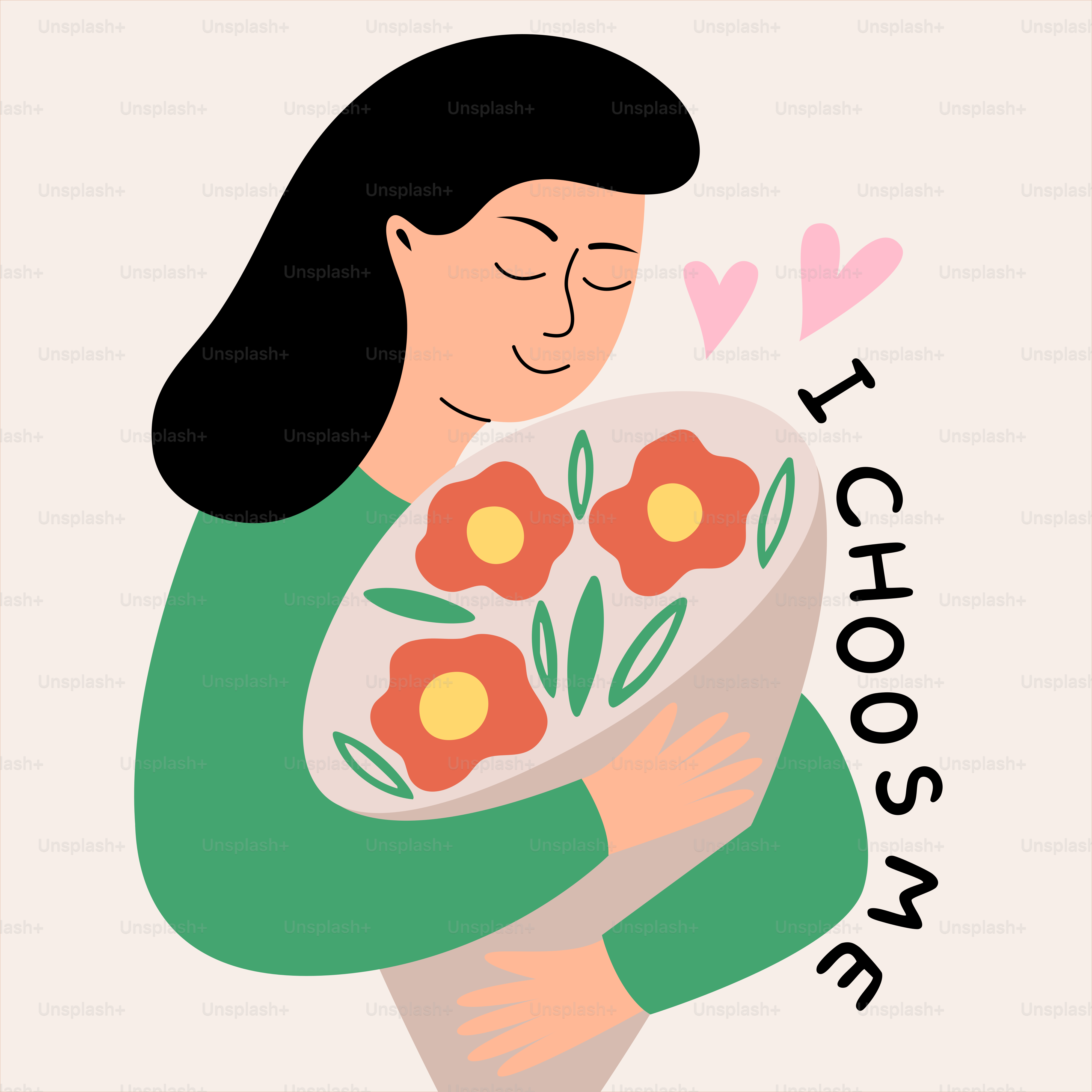 Woman holding a bouquet of flowers with hearts