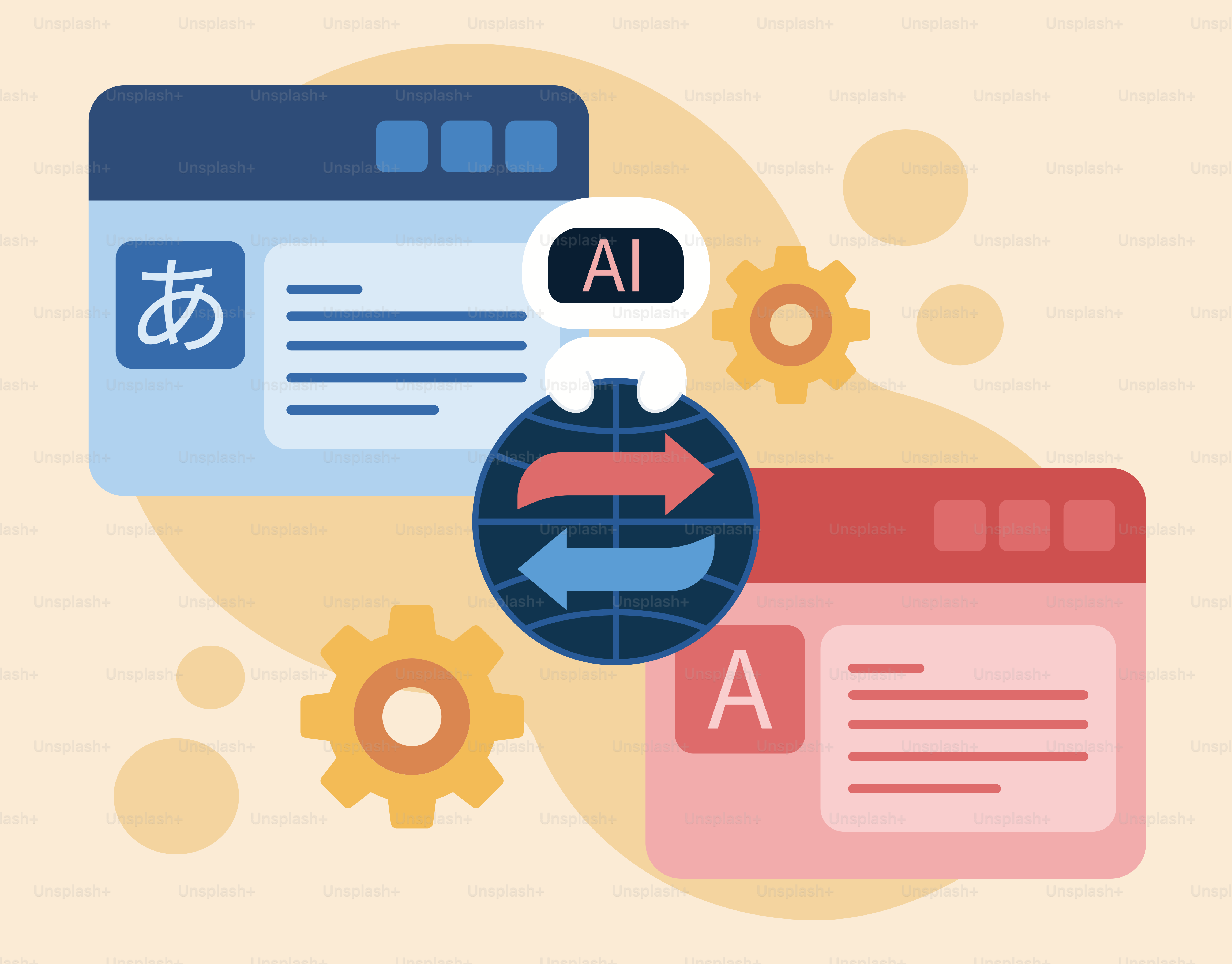 Ai translation concept with language interfaces and gears
