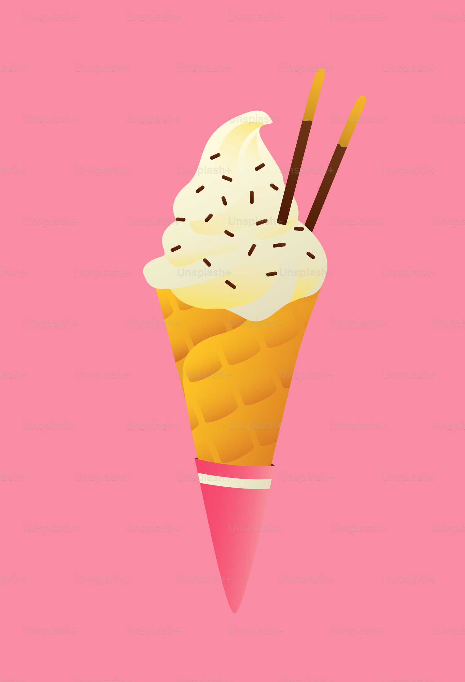 バニラアイスクリームコーンにチョコレートスティックとスプリンクルを添えた