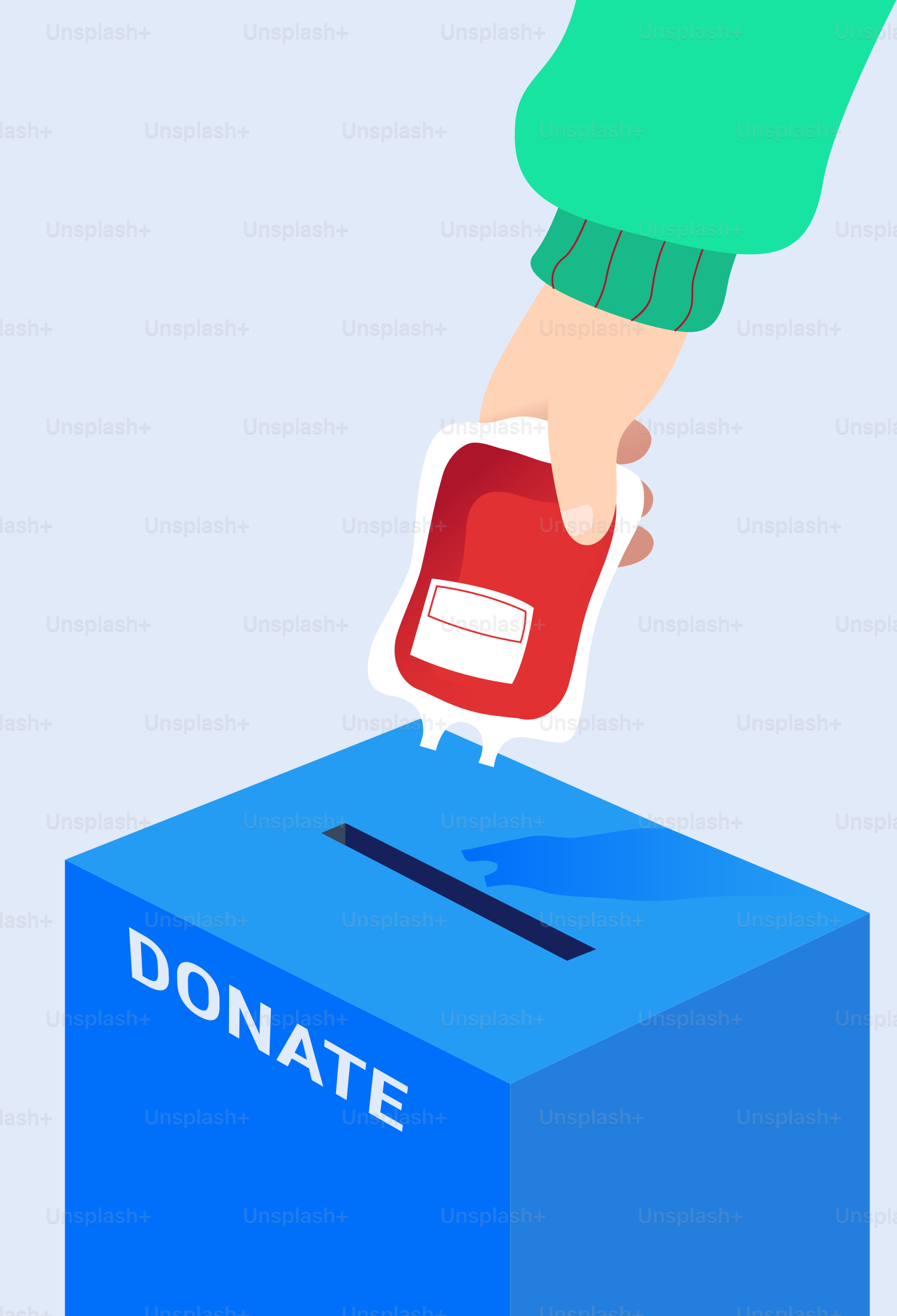 Hand donating blood bag into blue box