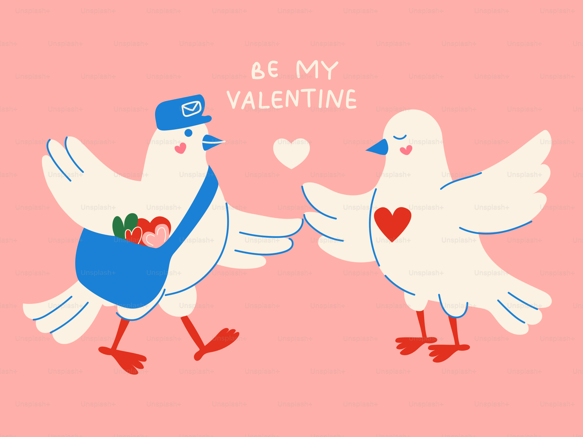 Two cartoon birds with hearts and text