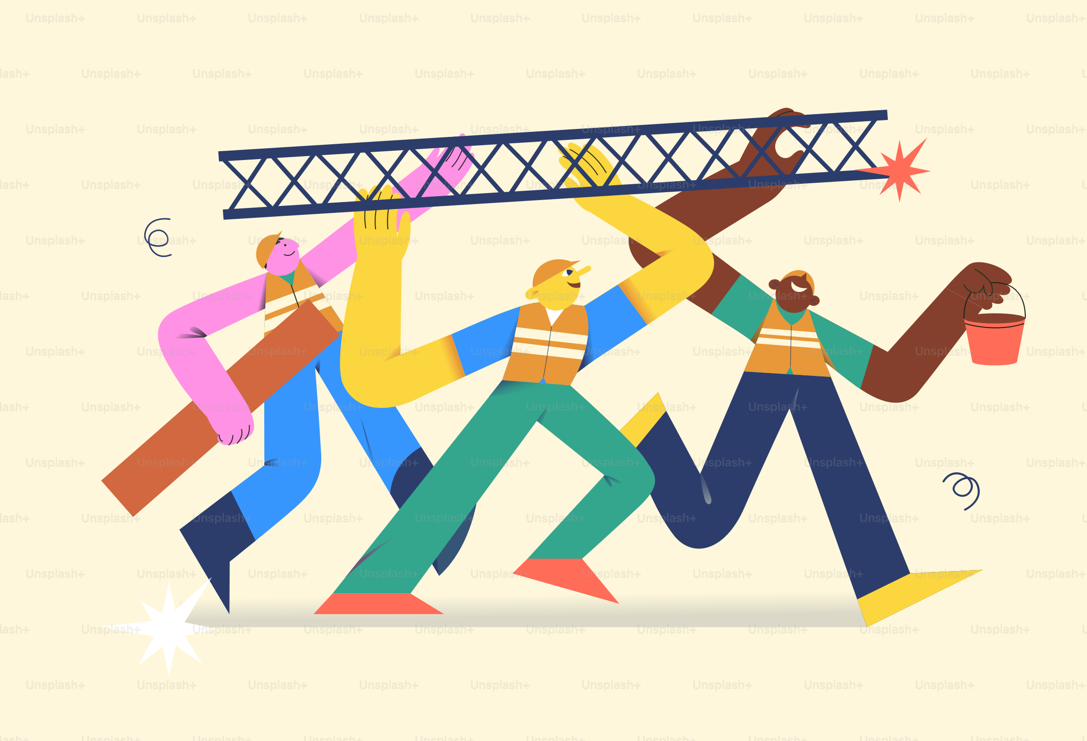 Three people carrying a bridge section together