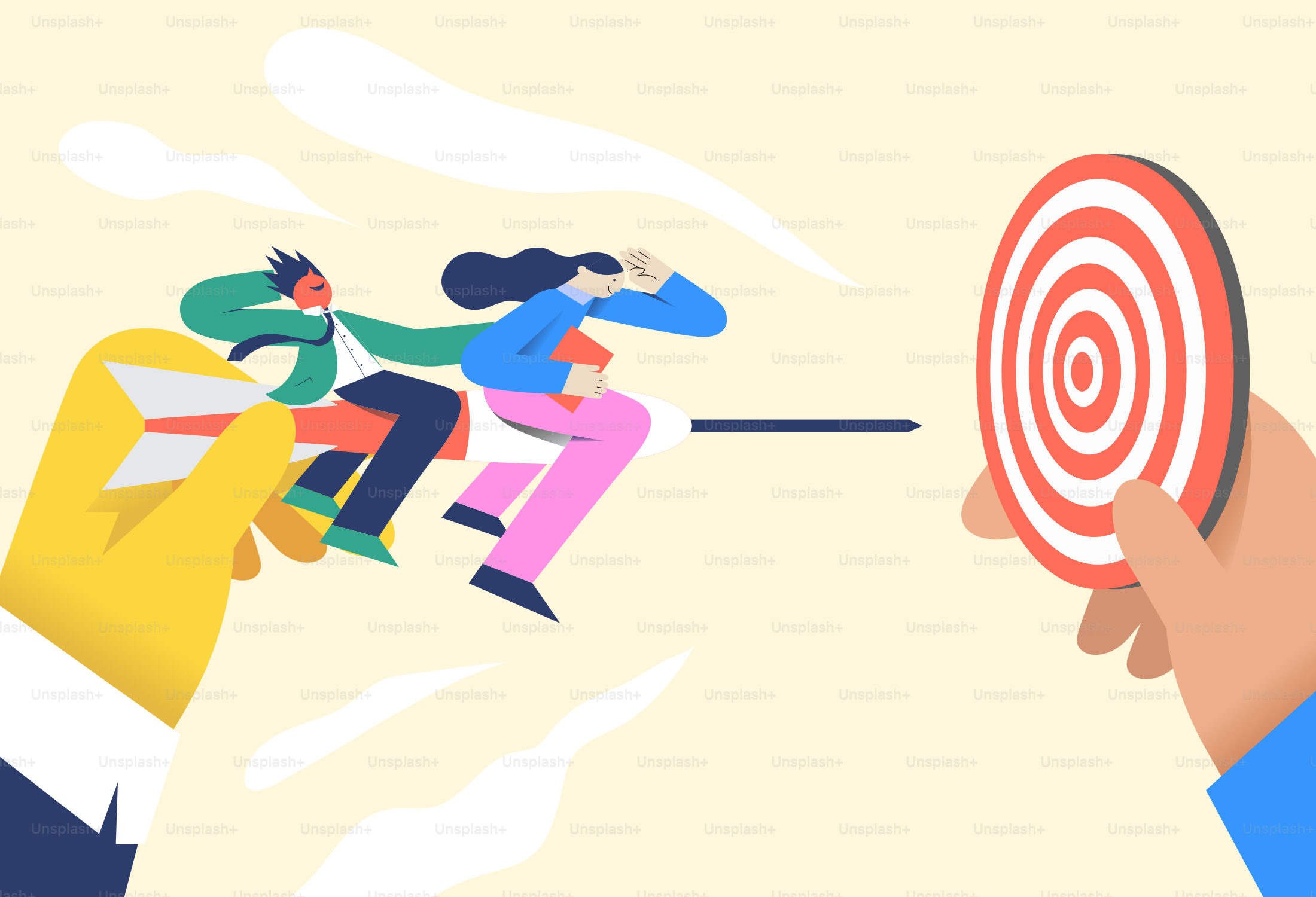 Team aiming for target with dart