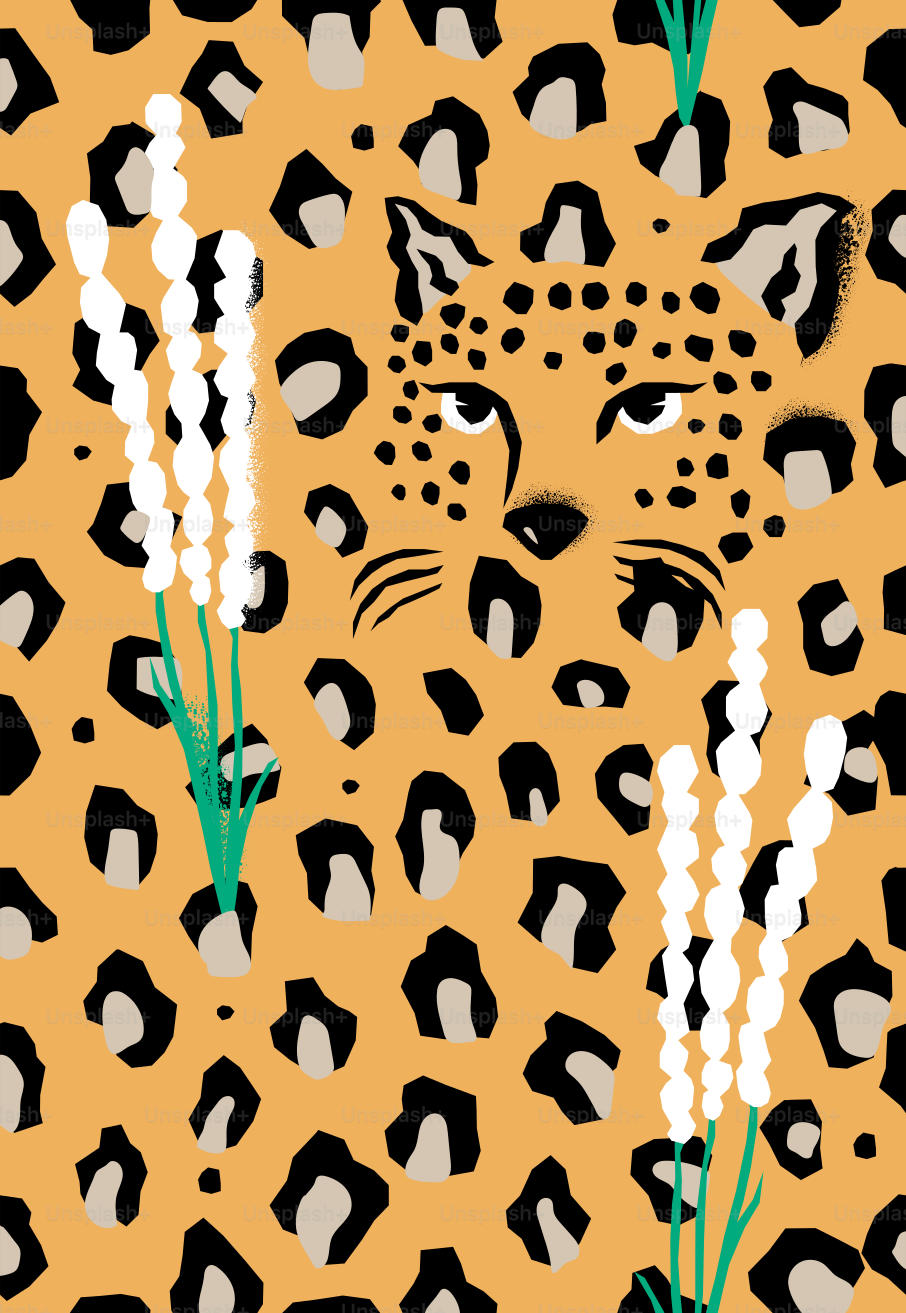 Leopard face with white flowers on orange background.