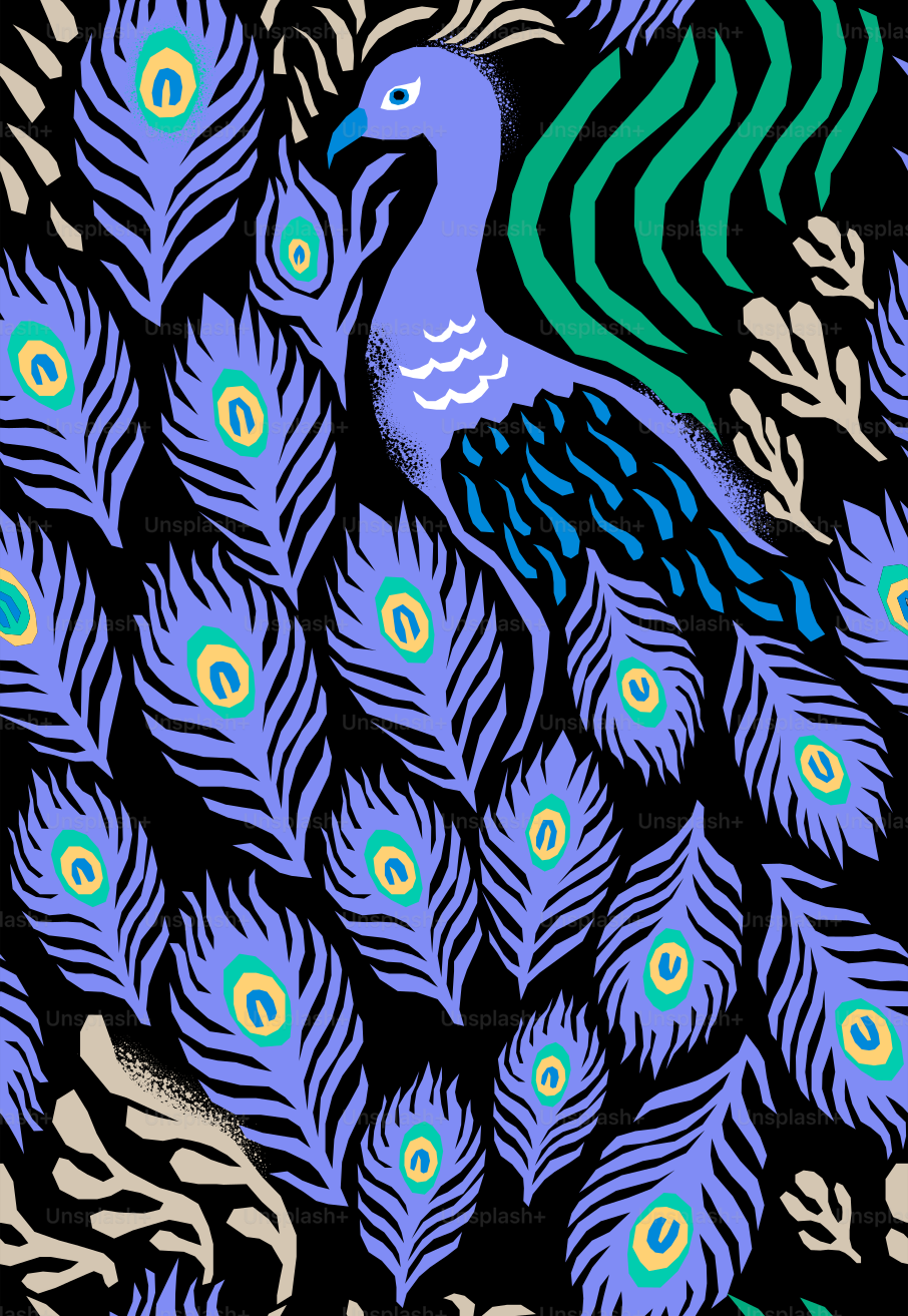A stylized peacock surrounded by feathers on black background