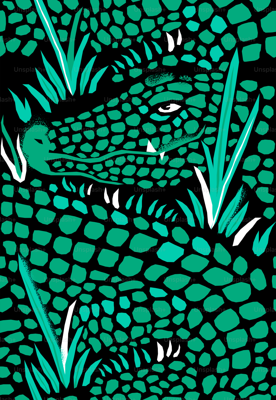 Green alligator head peeking through tall grass.