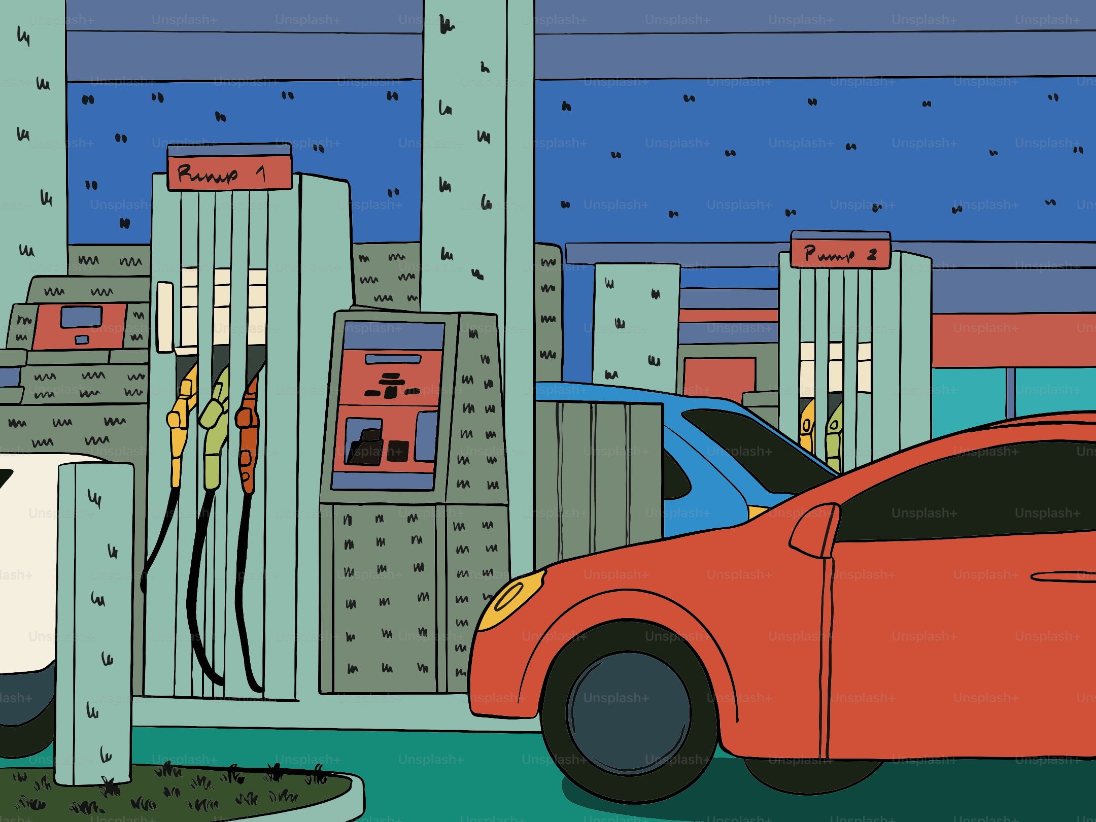 Cars at a gas station with pumps