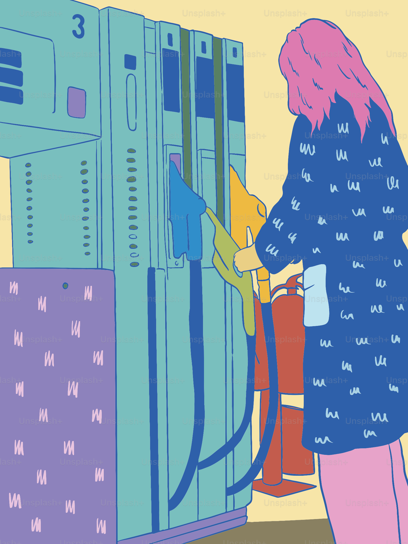 Person with pink hair at a gas station
