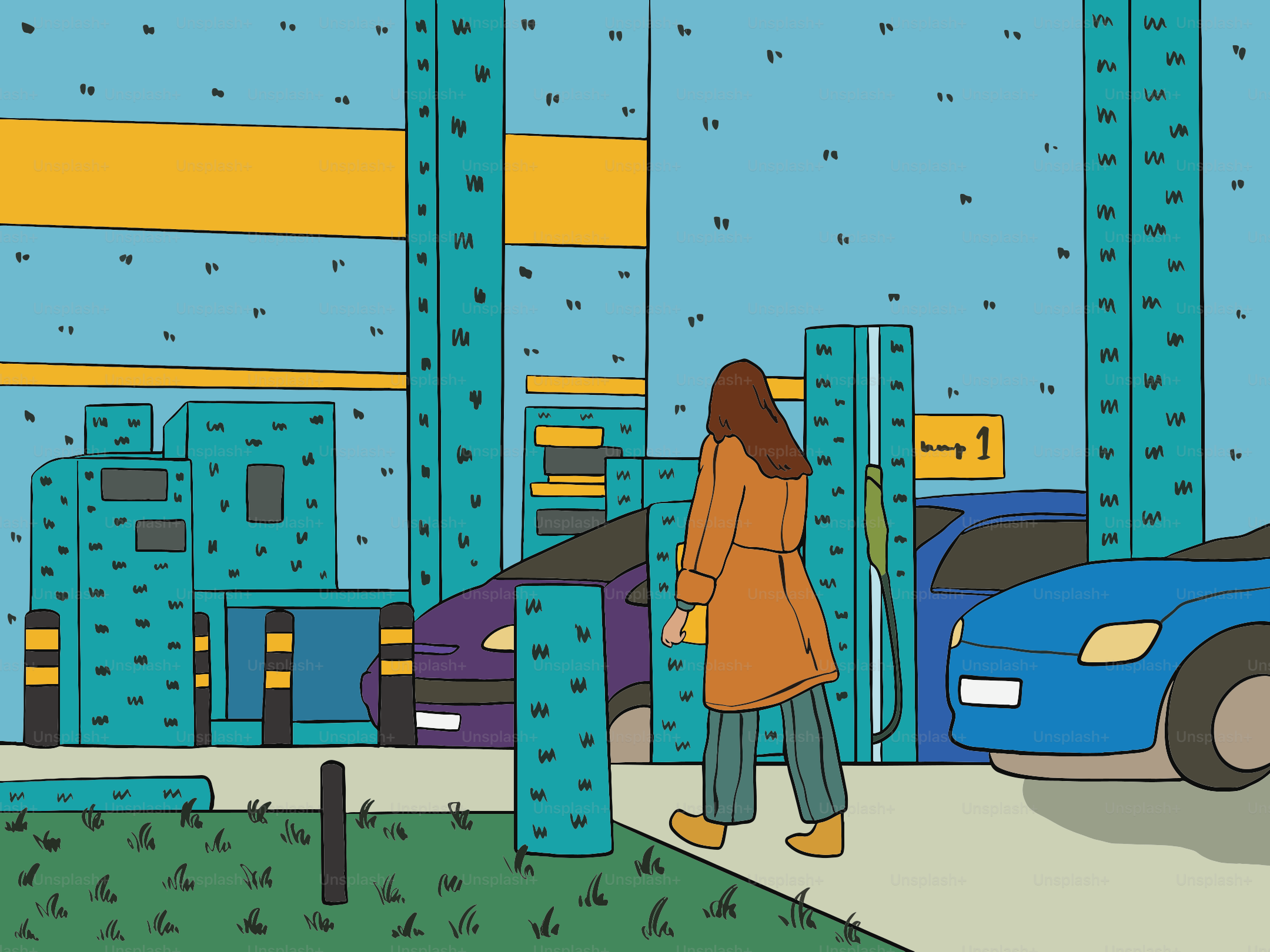 Woman walking at a gas station with cars.