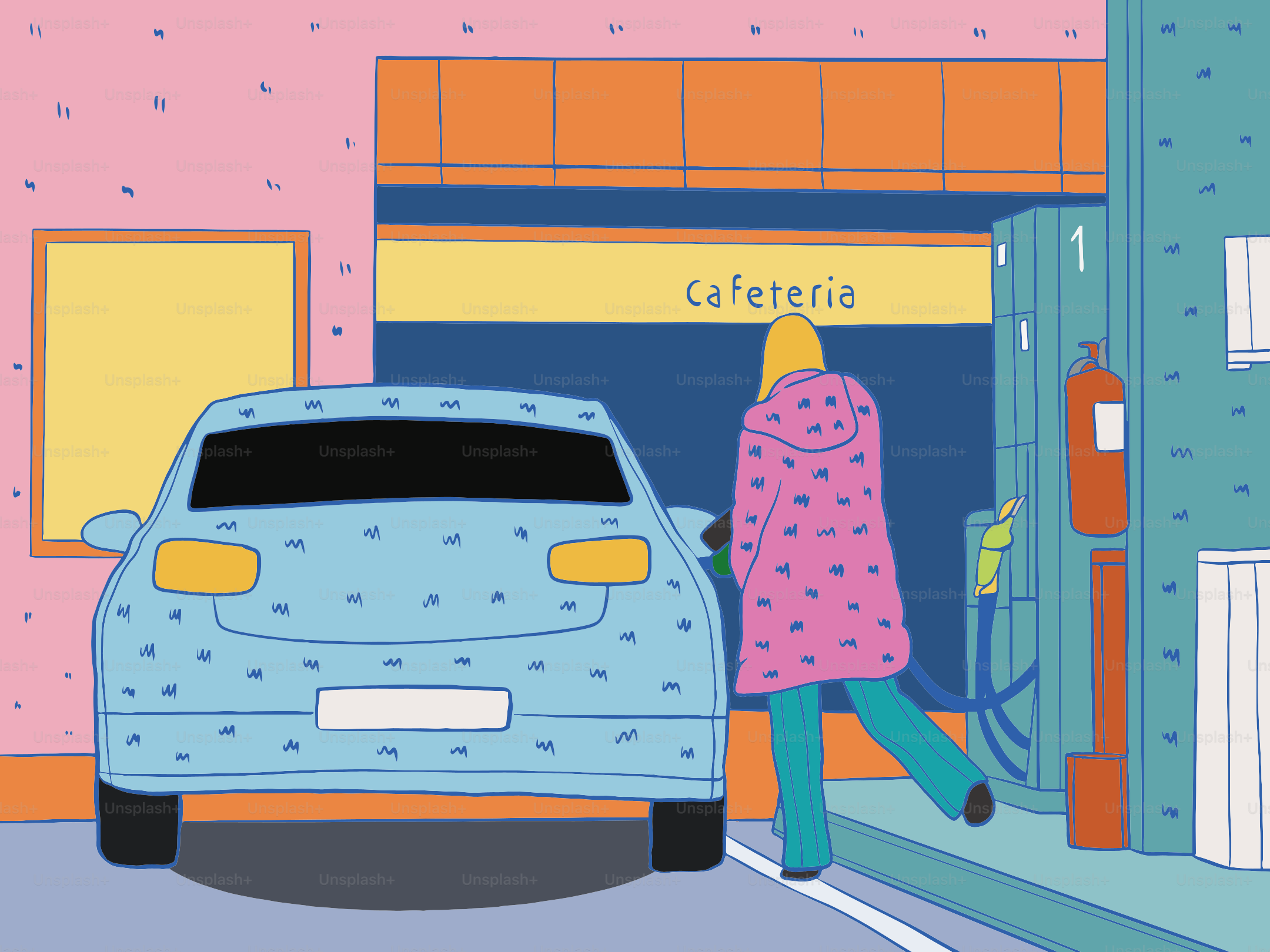 Woman refueling a car at a gas station cafeteria.