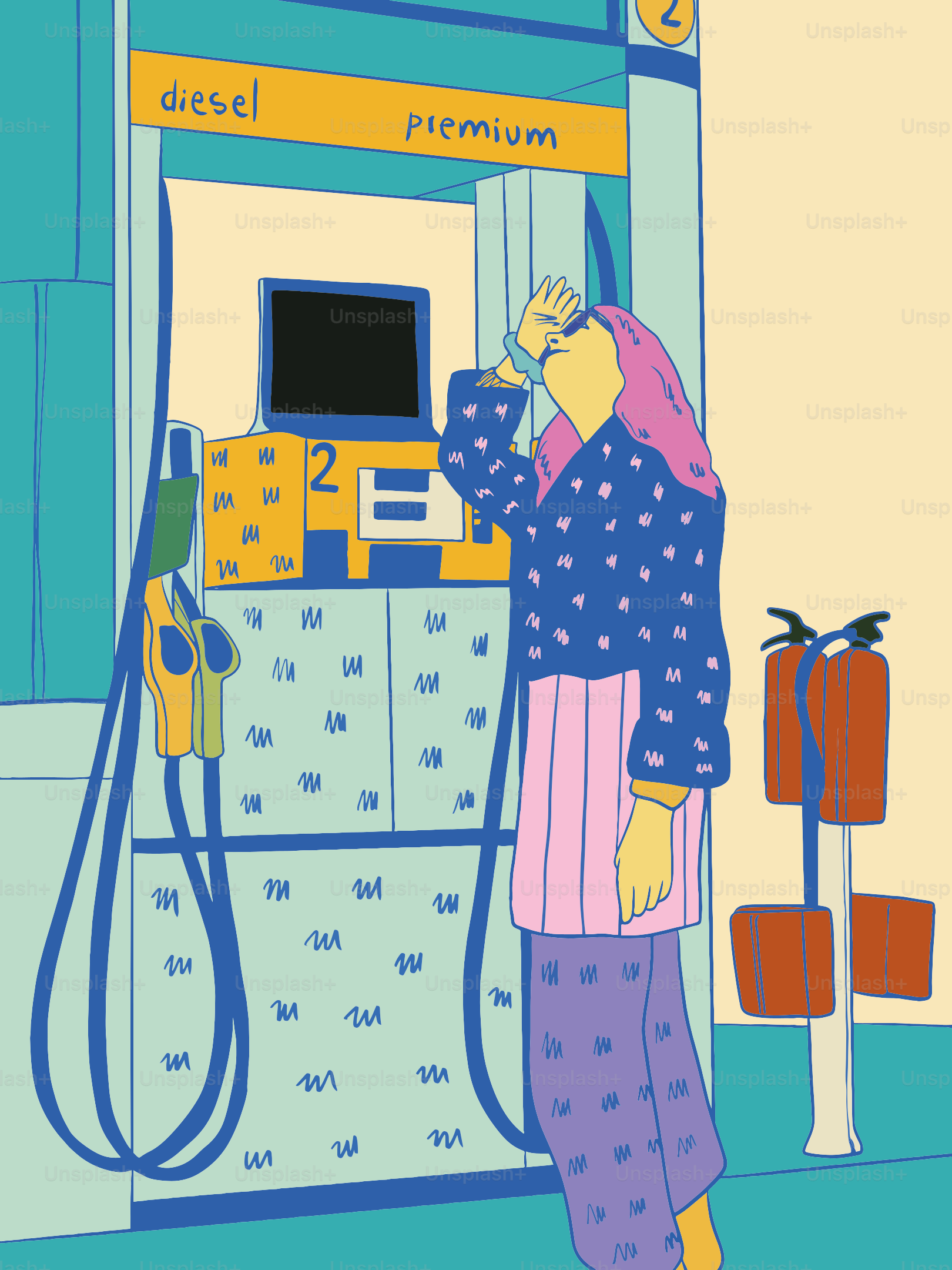 Woman at a gas station looking tired