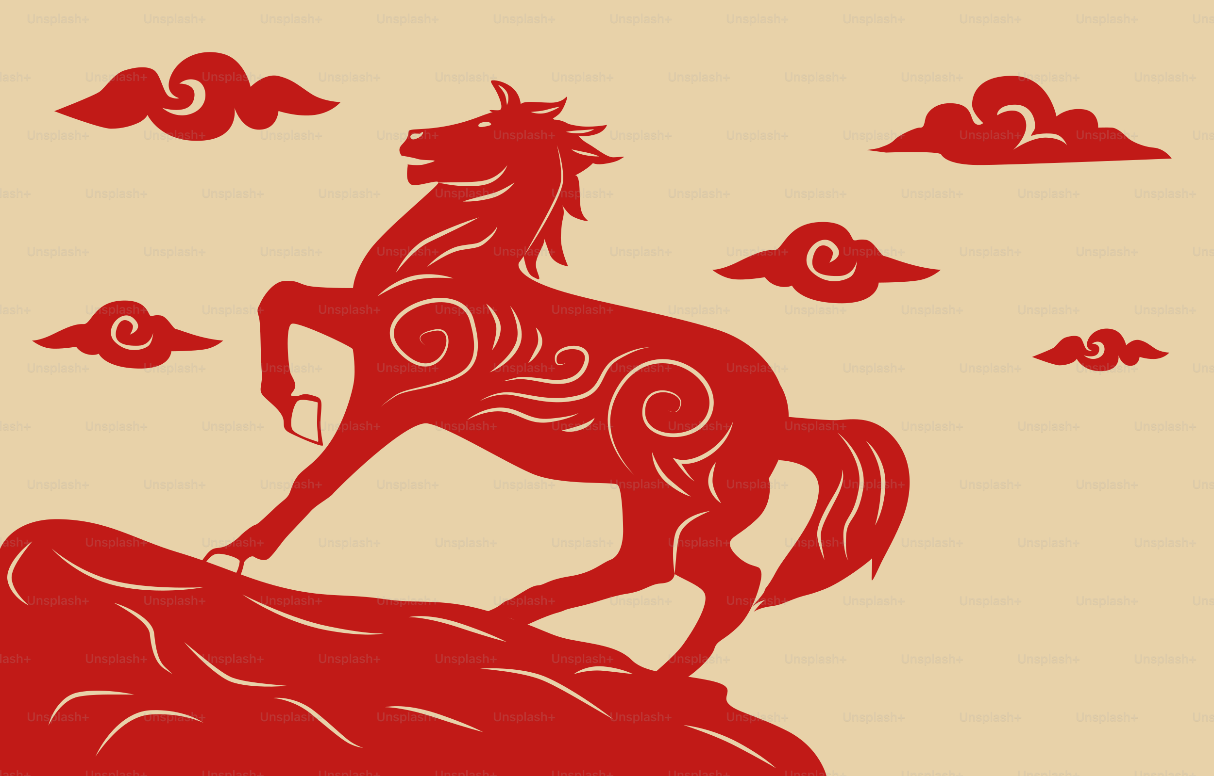 Silueta de caballo rojo sobre una roca con nubes