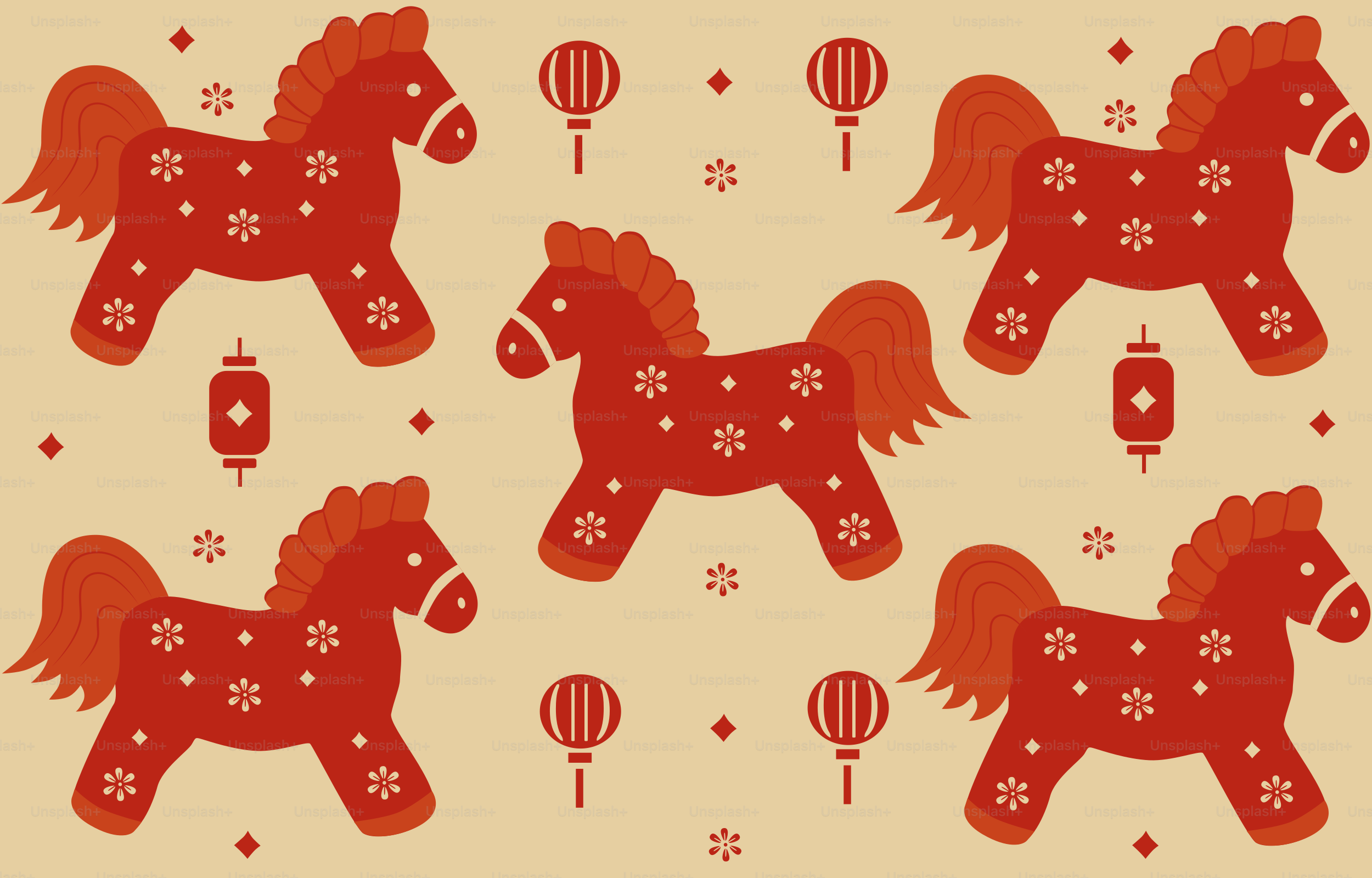 Caballos rojos y faroles sobre fondo beige.