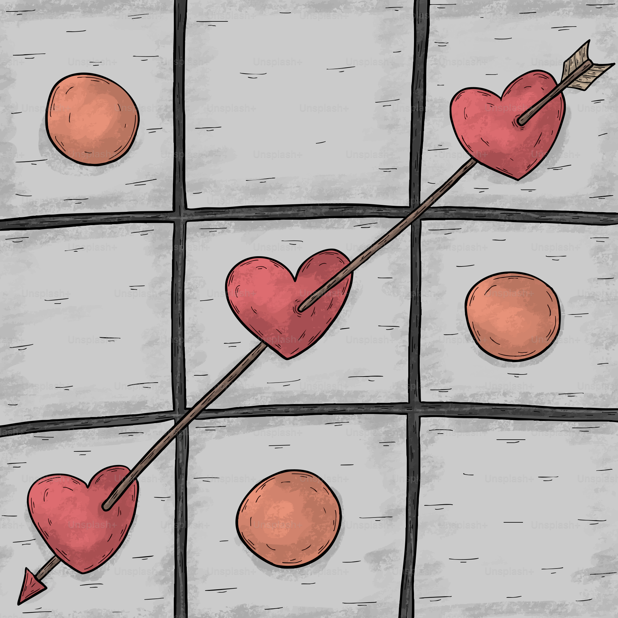 Tic-tac-toe game with hearts and arrows.