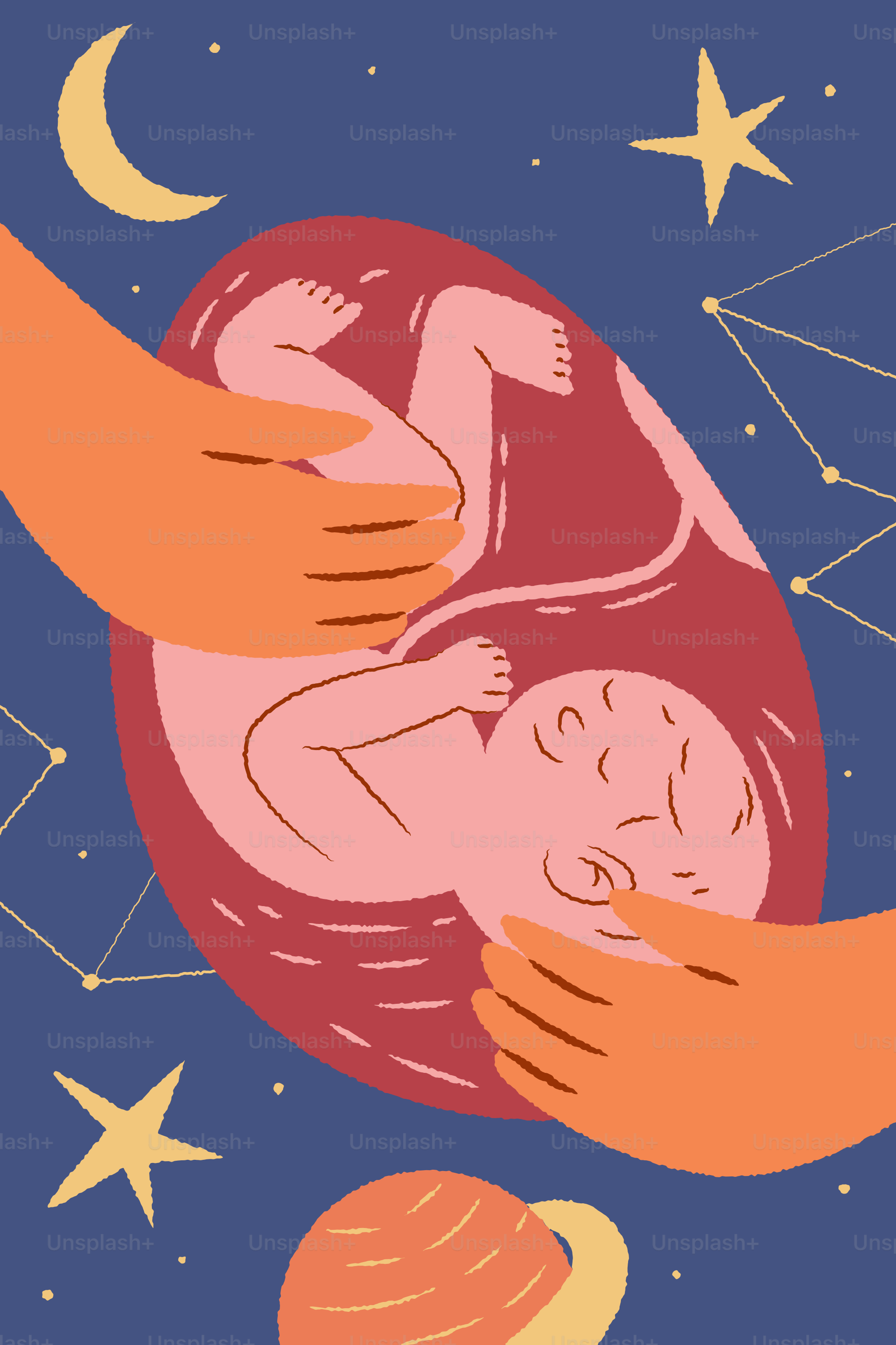Hands cradle fetus in womb under starry sky
