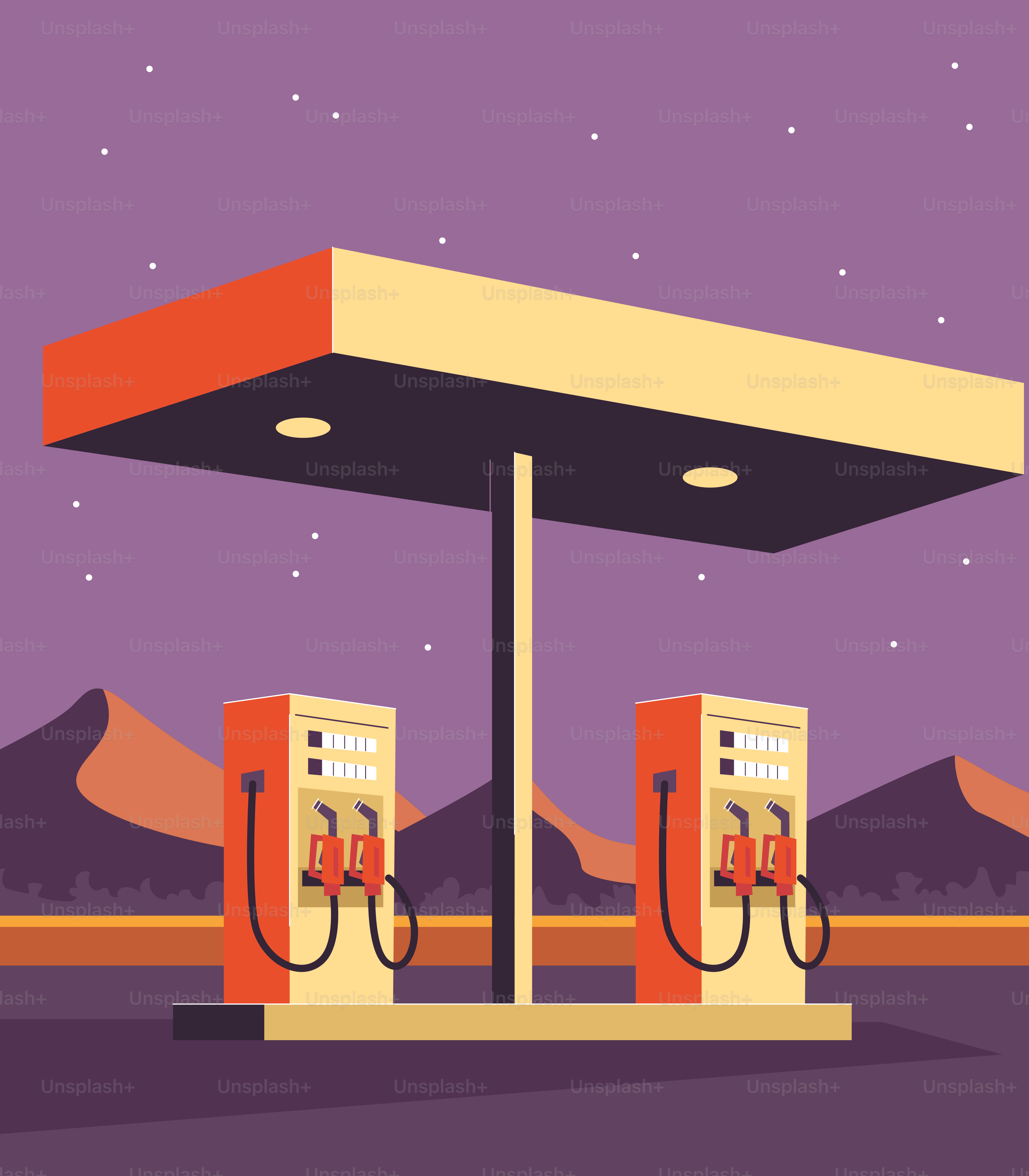 Gas station with two pumps at dusk
